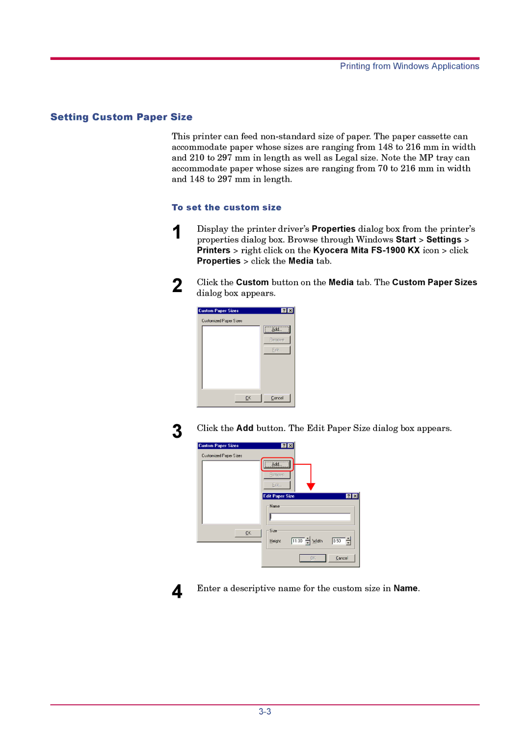 Kyocera FS-1900 manual To set the custom size, Properties click the Media tab 