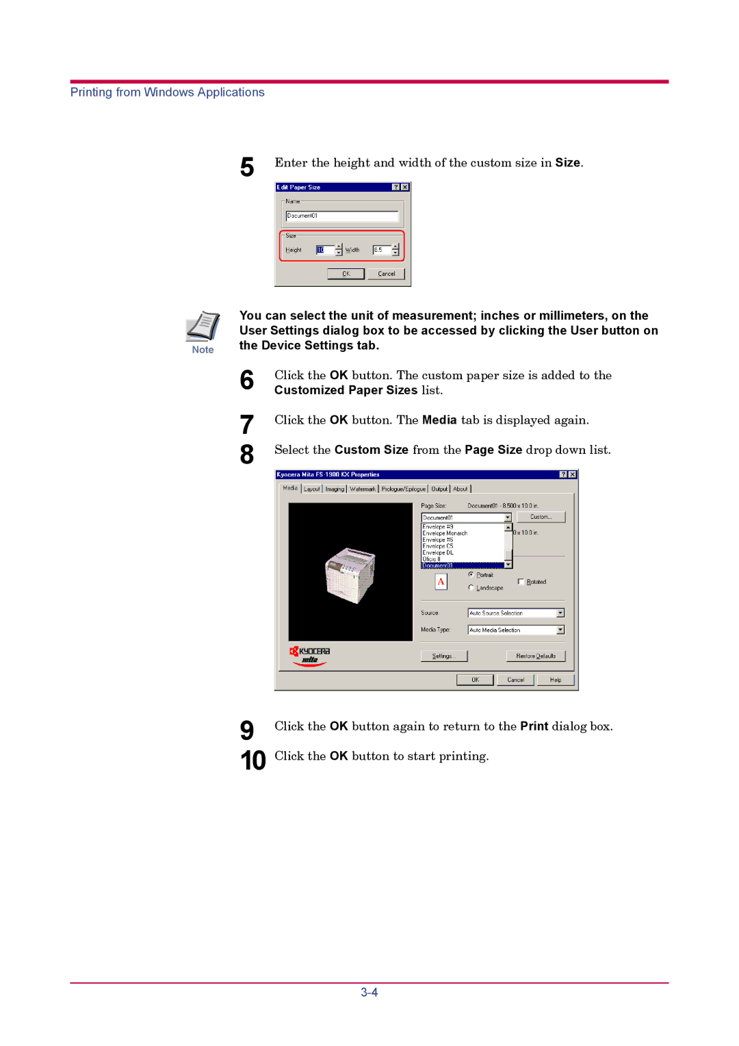 Kyocera FS-1900 manual Device Settings tab, Customized Paper Sizes list 