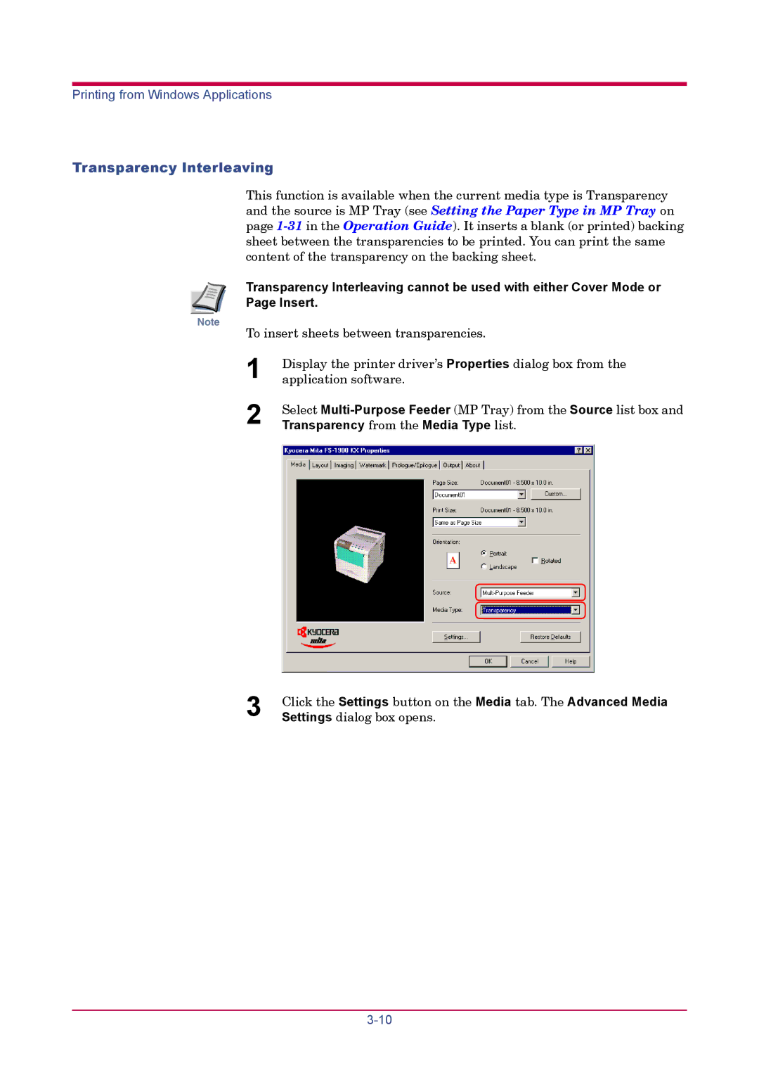 Kyocera FS-1900 manual Transparency Interleaving, Transparency from the Media Type list 