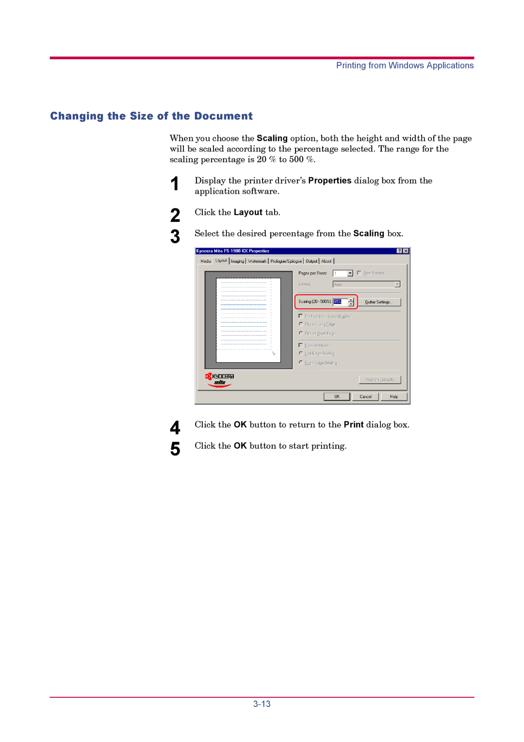 Kyocera FS-1900 manual Changing the Size of the Document 