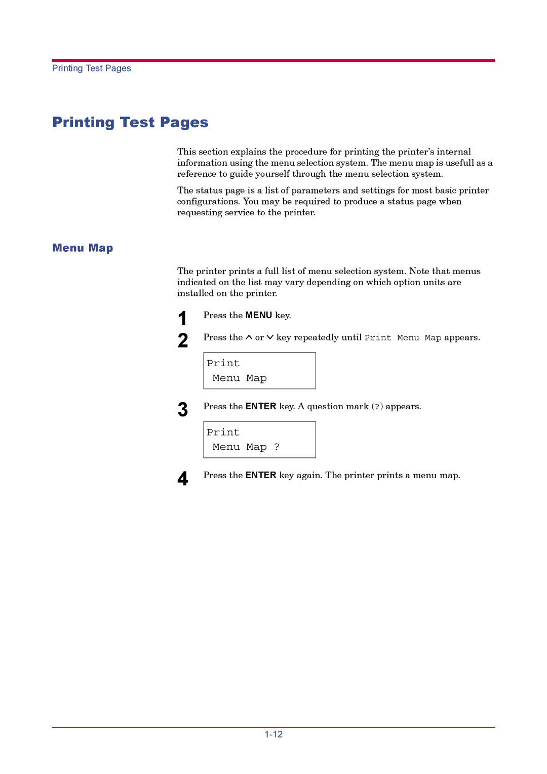 Kyocera FS-1900 manual Printing Test Pages, Print Menu Map ? 