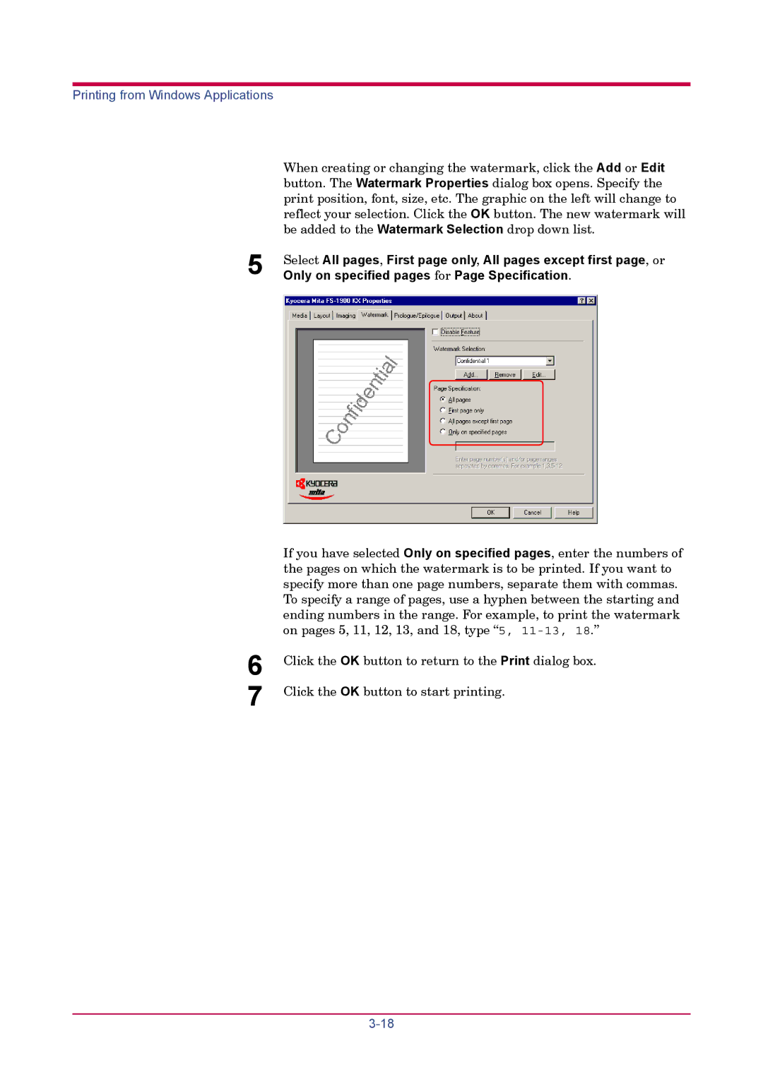 Kyocera FS-1900 manual Only on specified pages for Page Specification 