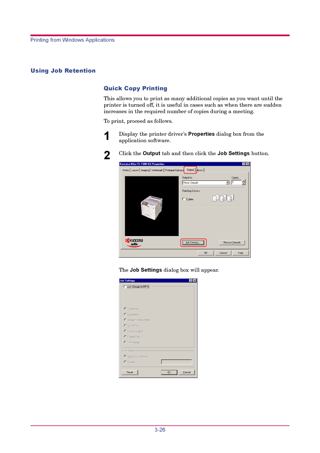 Kyocera FS-1900 manual Using Job Retention Quick Copy Printing 