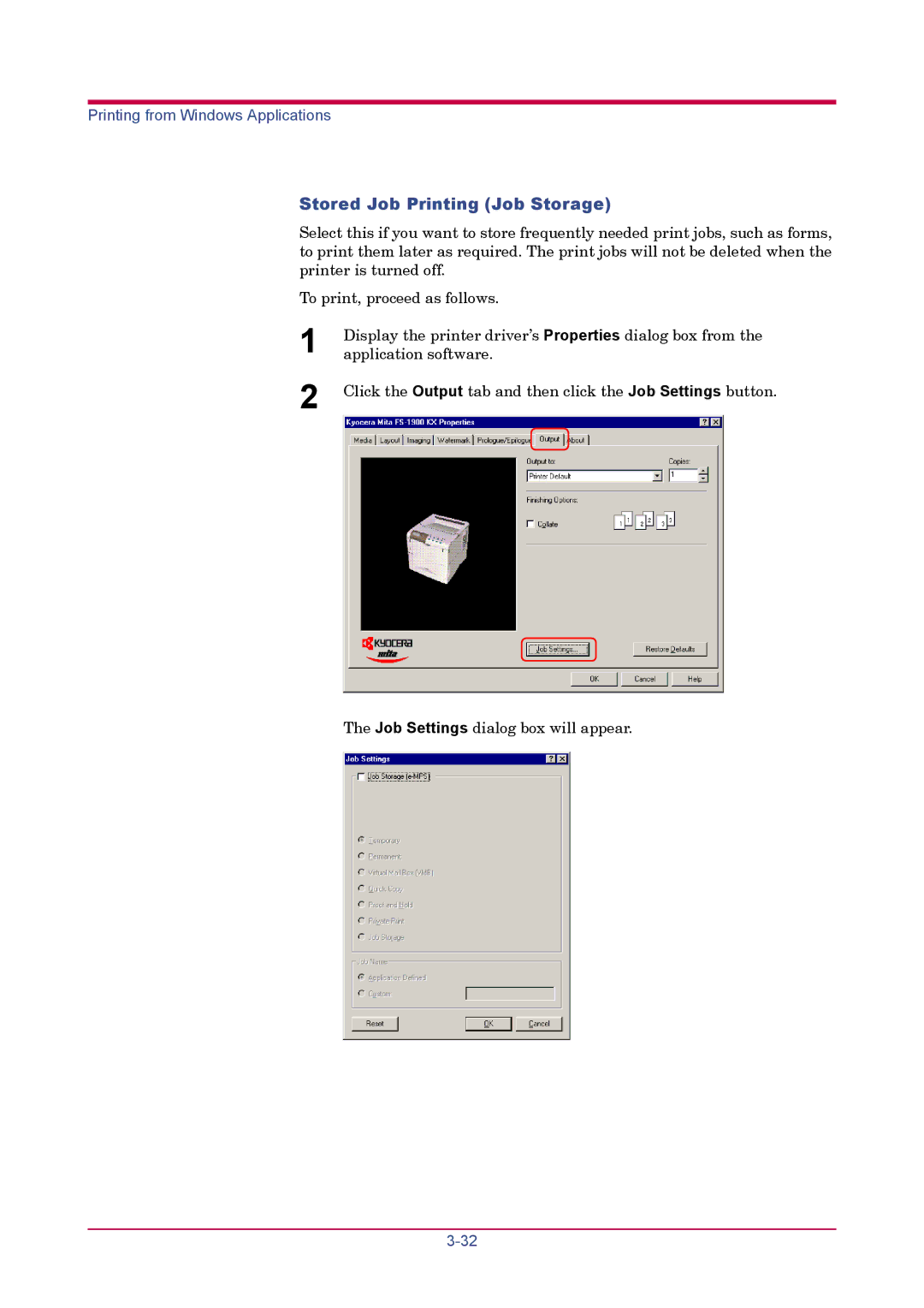 Kyocera FS-1900 manual Stored Job Printing Job Storage 