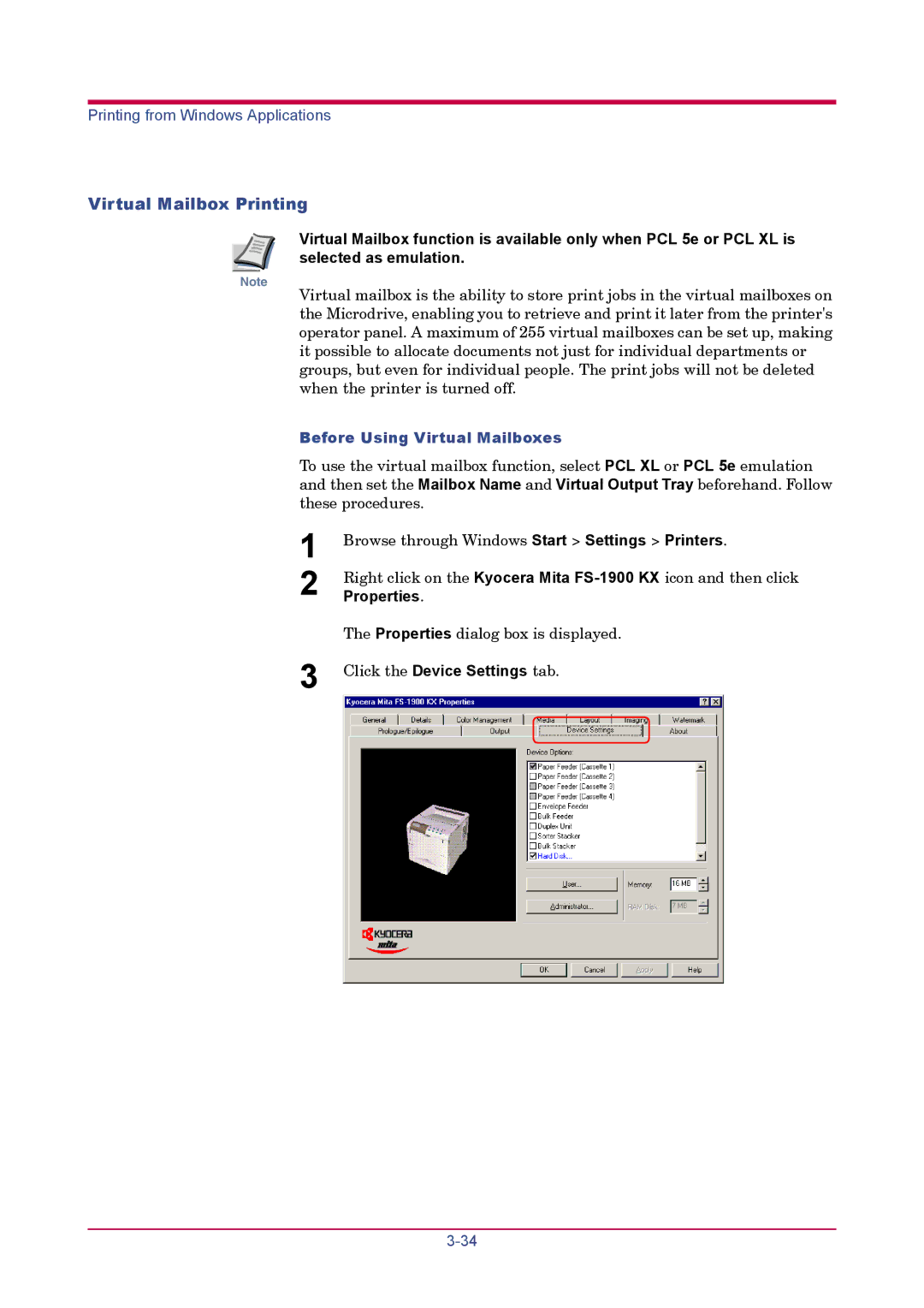 Kyocera FS-1900 manual Virtual Mailbox Printing, Before Using Virtual Mailboxes 