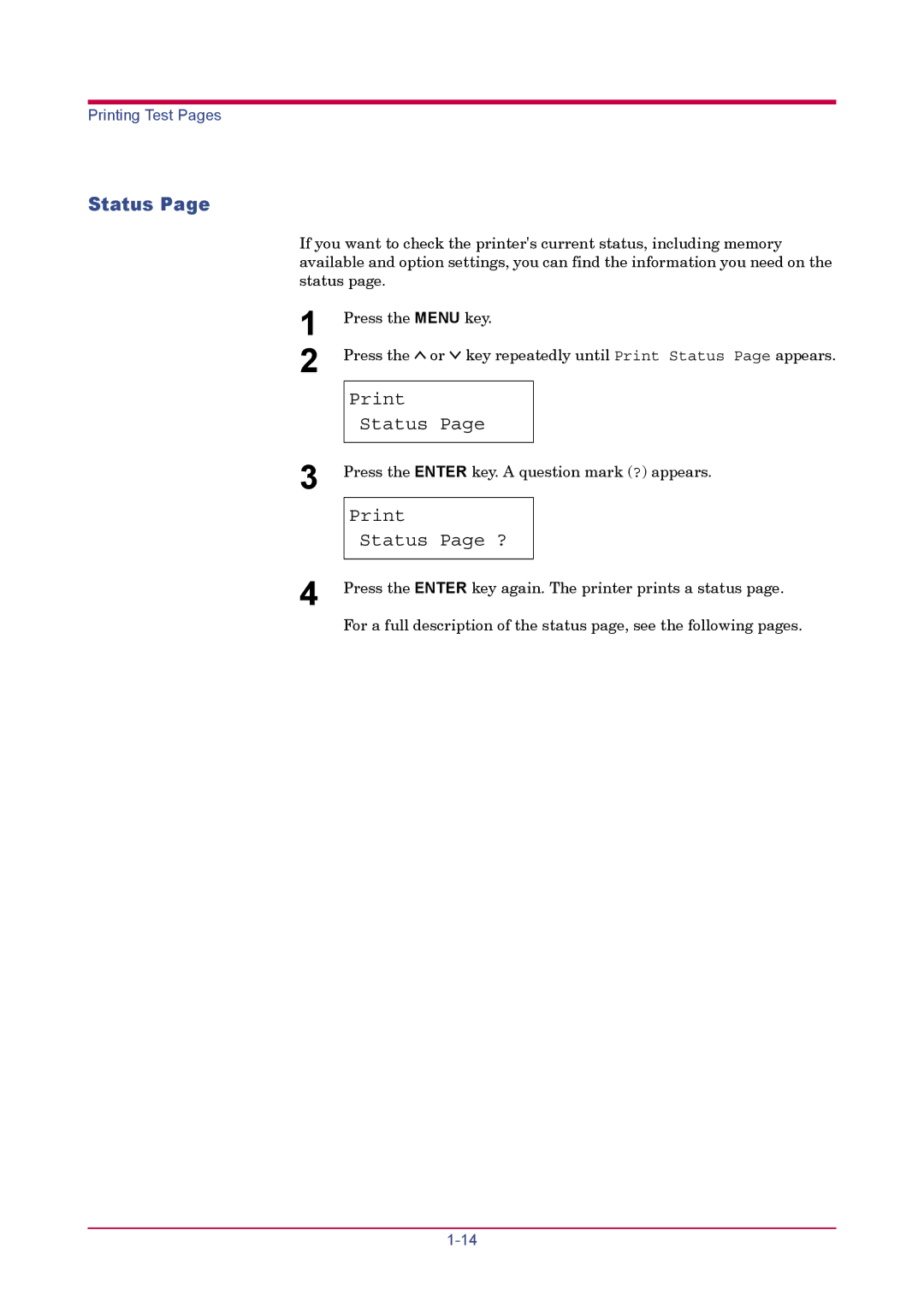 Kyocera FS-1900 manual Print Status Page ? 