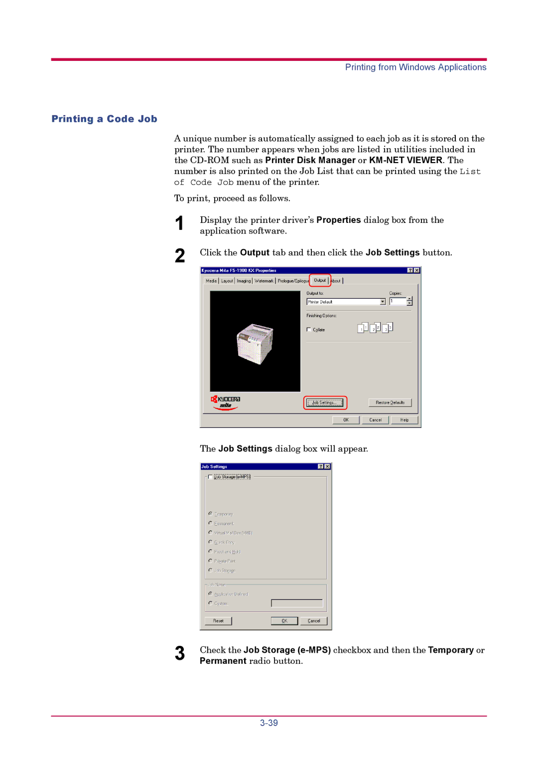 Kyocera FS-1900 manual Printing a Code Job 