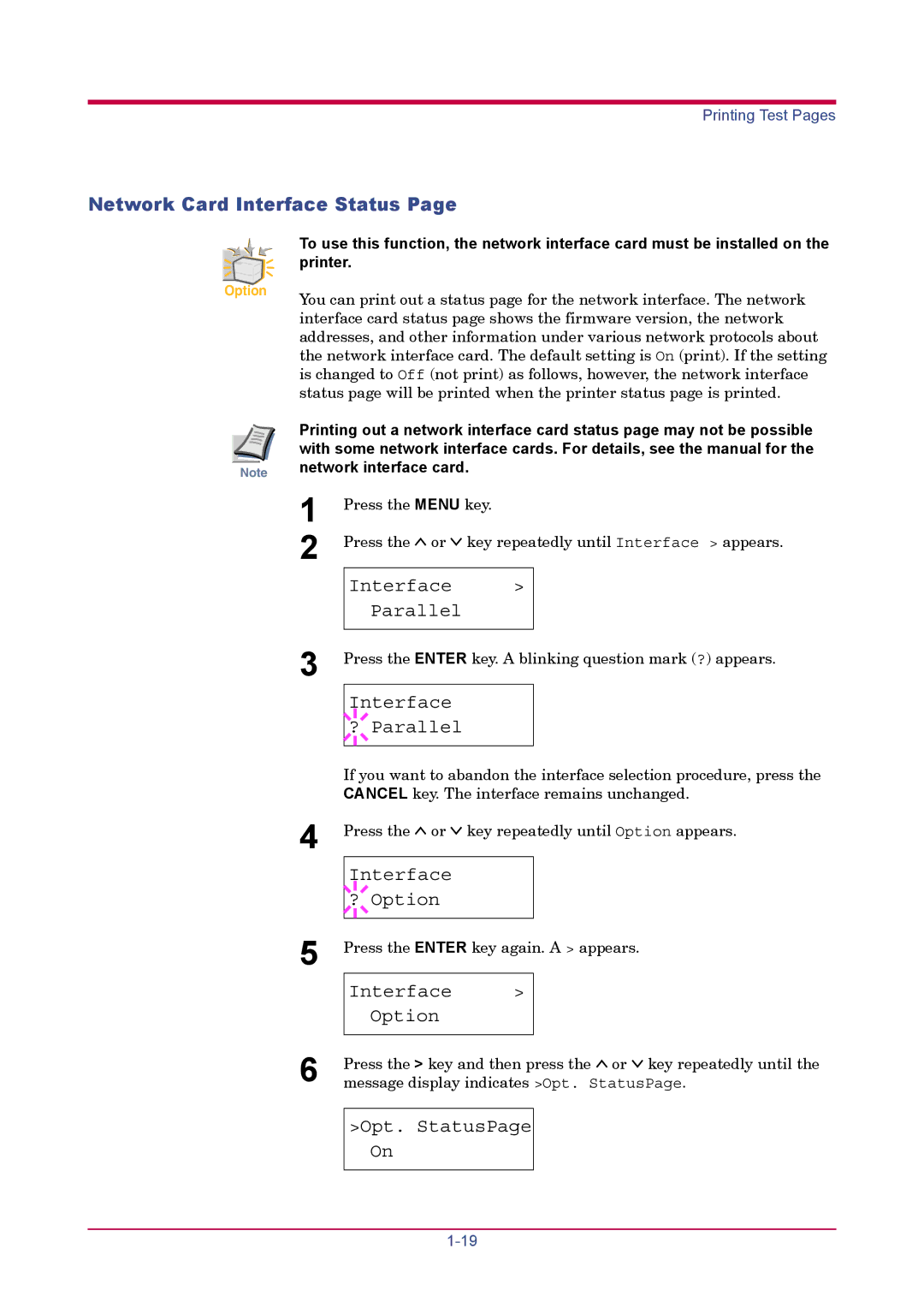 Kyocera FS-1900 manual Network Card Interface Status 