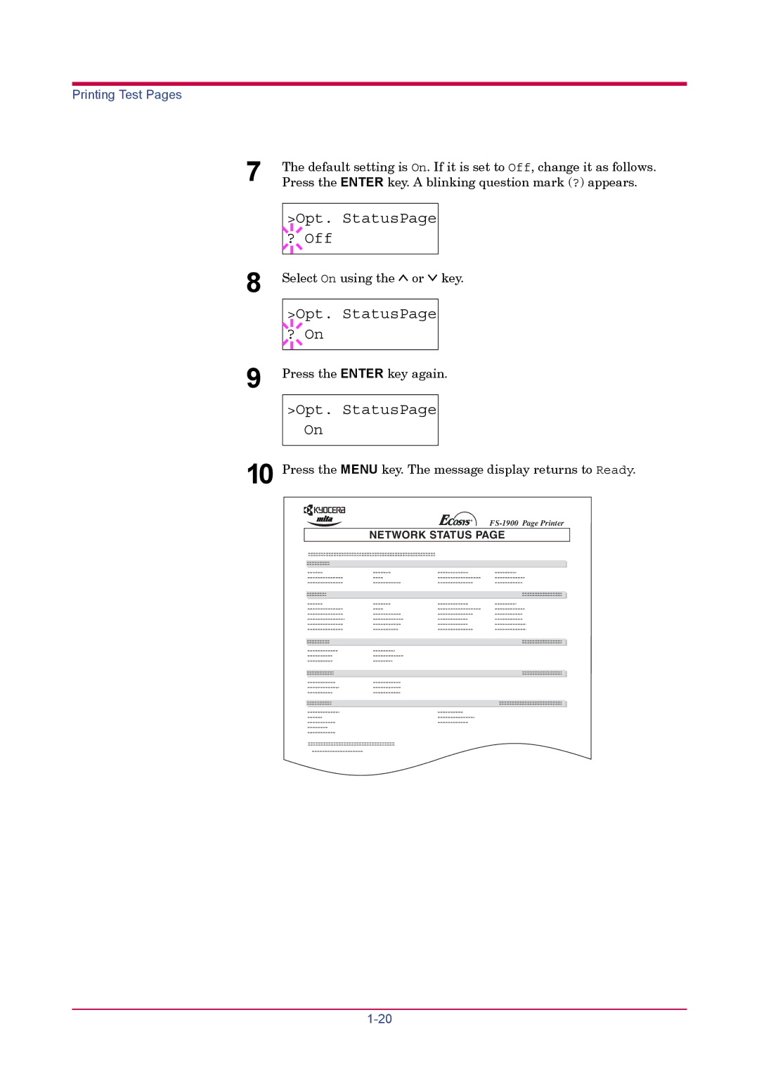 Kyocera FS-1900 manual Opt. StatusPage ? Off, Opt. StatusPage ? On 