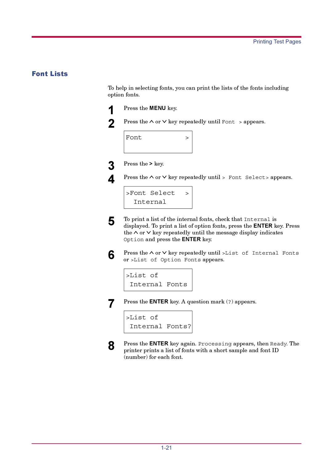 Kyocera FS-1900 manual Font Lists, Font Select Internal 