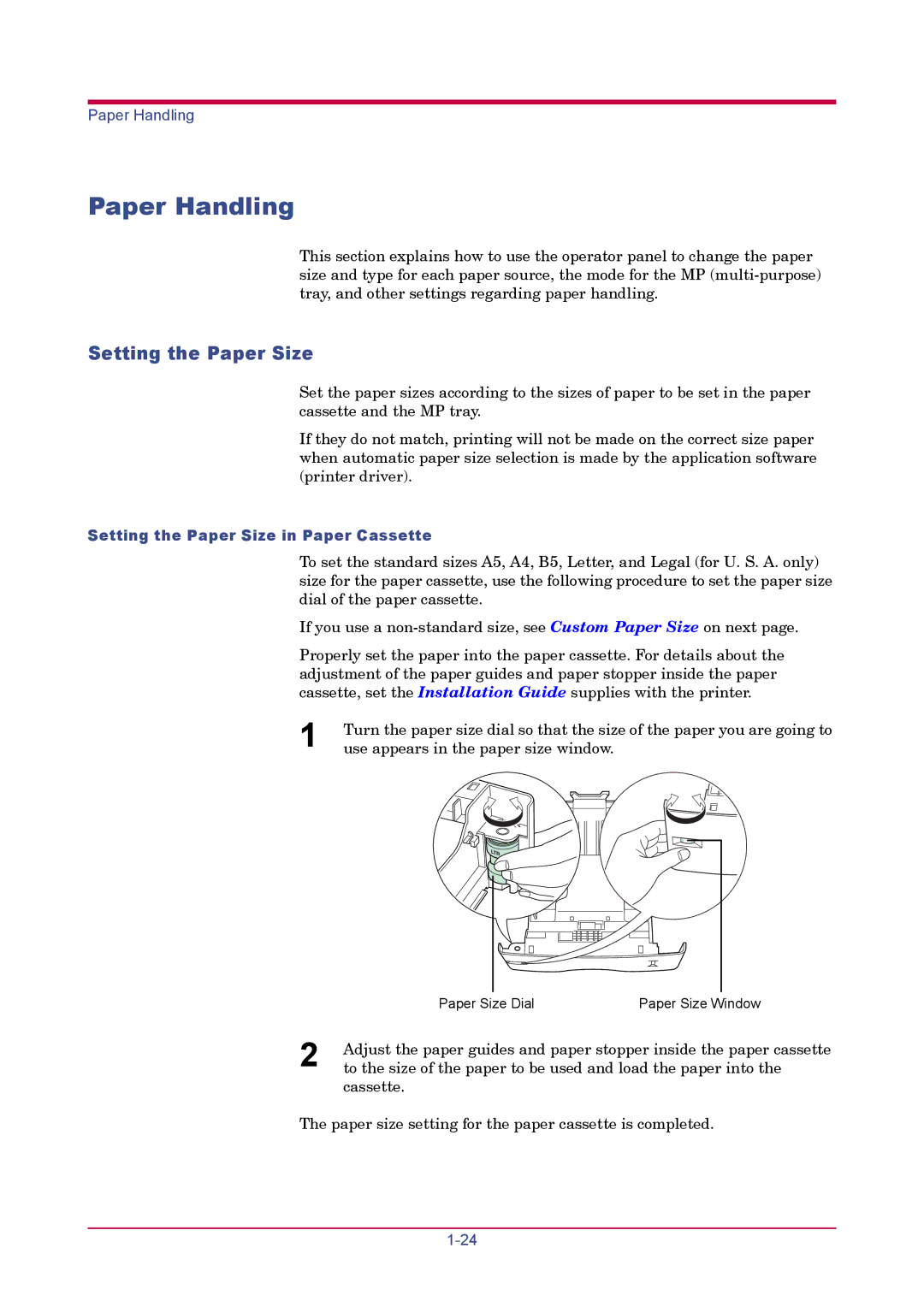 Kyocera FS-1900 manual Paper Handling, Setting the Paper Size in Paper Cassette 