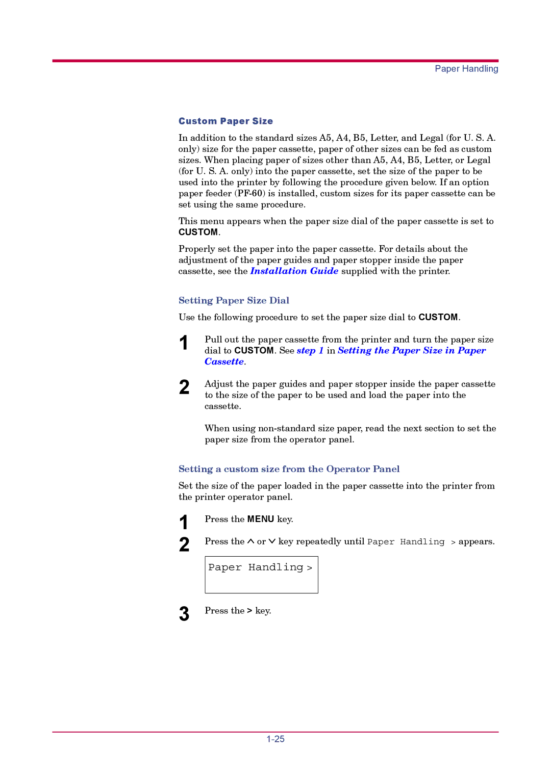 Kyocera FS-1900 manual Paper Handling, Custom Paper Size 