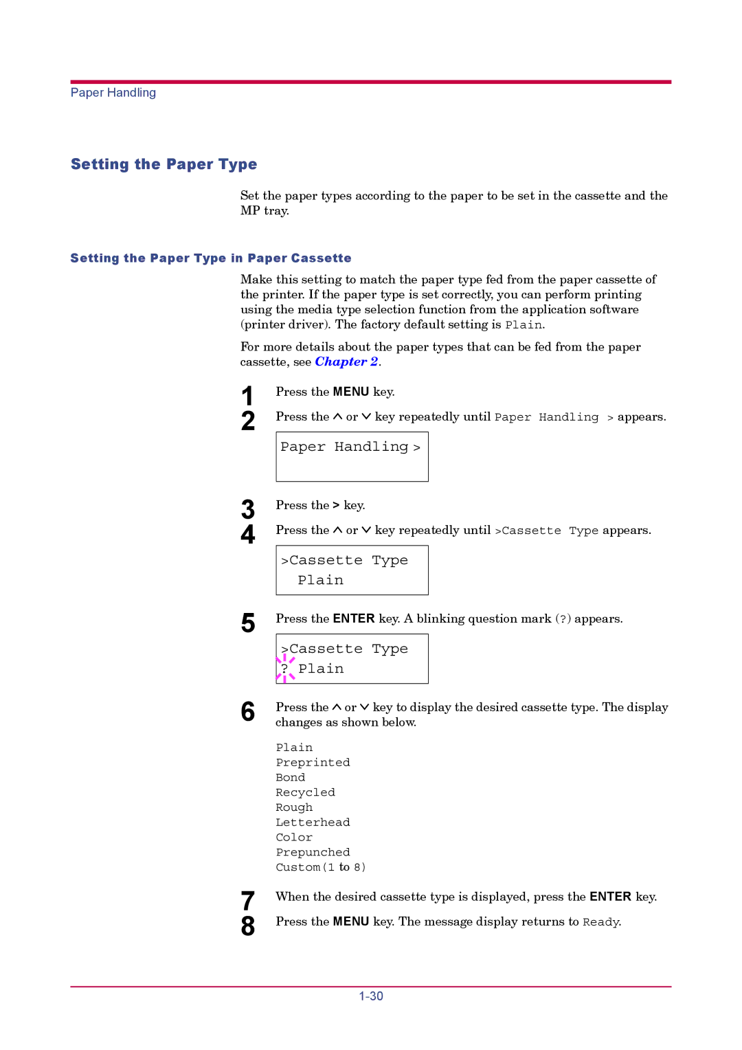 Kyocera FS-1900 manual Setting the Paper Type, Cassette Type Plain, Cassette Type ? Plain 