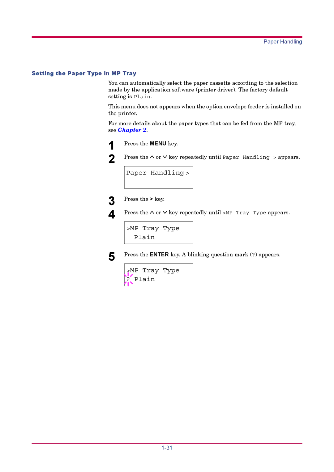 Kyocera FS-1900 manual MP Tray Type Plain, MP Tray Type ? Plain, Setting the Paper Type in MP Tray 