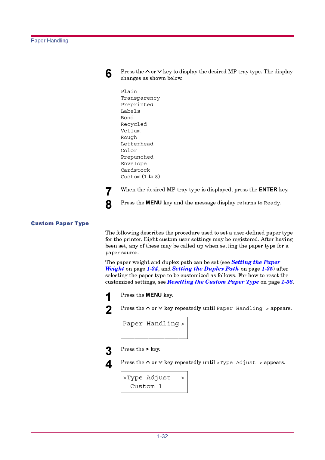 Kyocera FS-1900 manual Type Adjust Custom, Custom Paper Type 