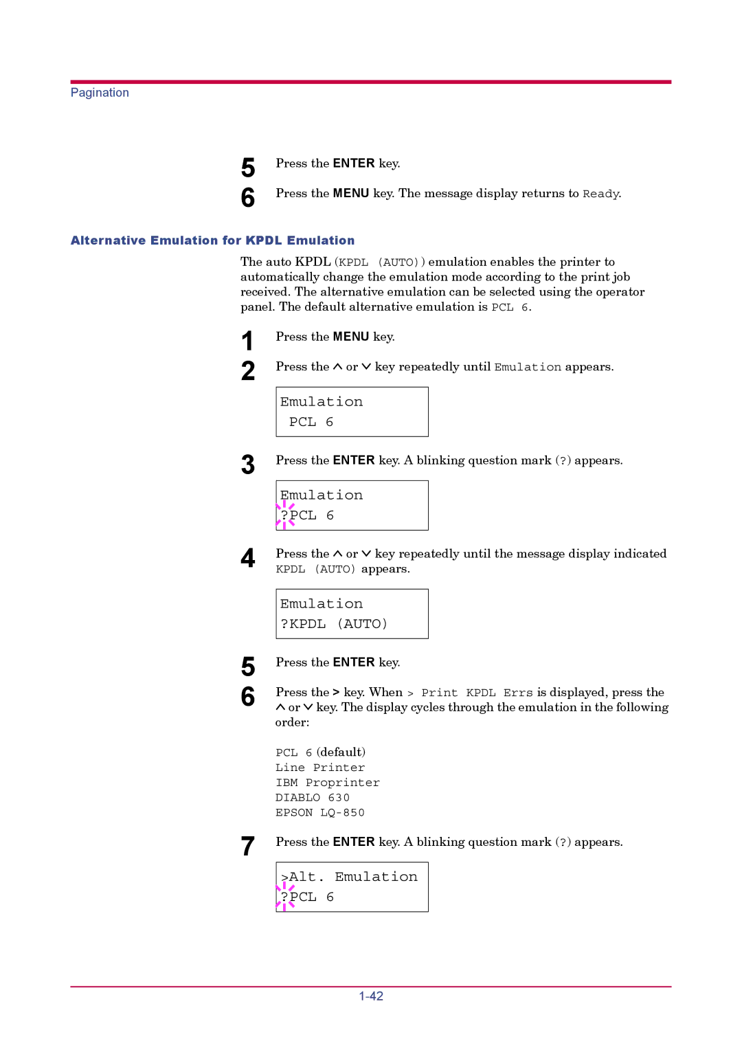 Kyocera FS-1900 manual Alt. Emulation ?PCL, Alternative Emulation for Kpdl Emulation 