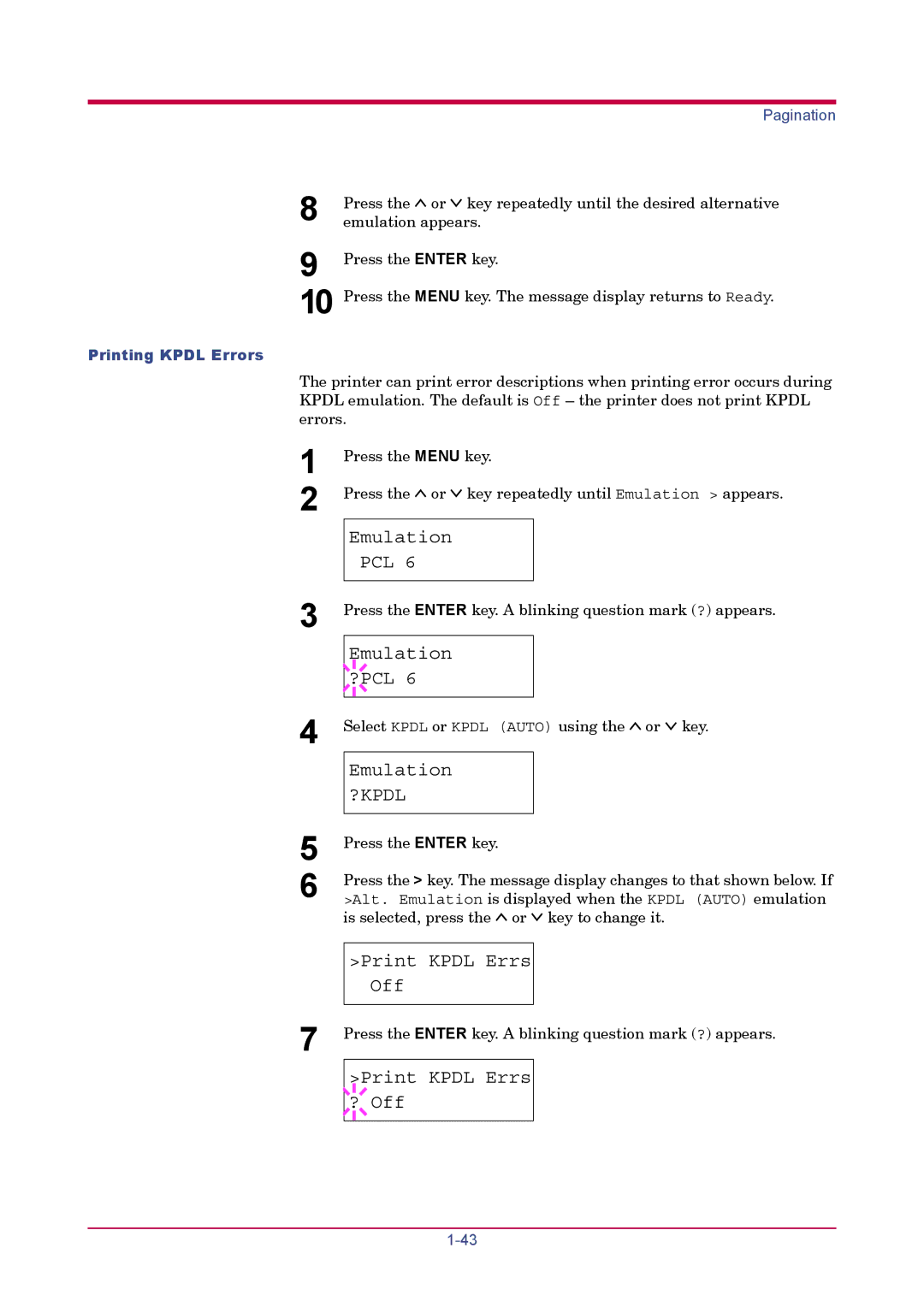 Kyocera FS-1900 manual ?Kpdl, Printing Kpdl Errors 