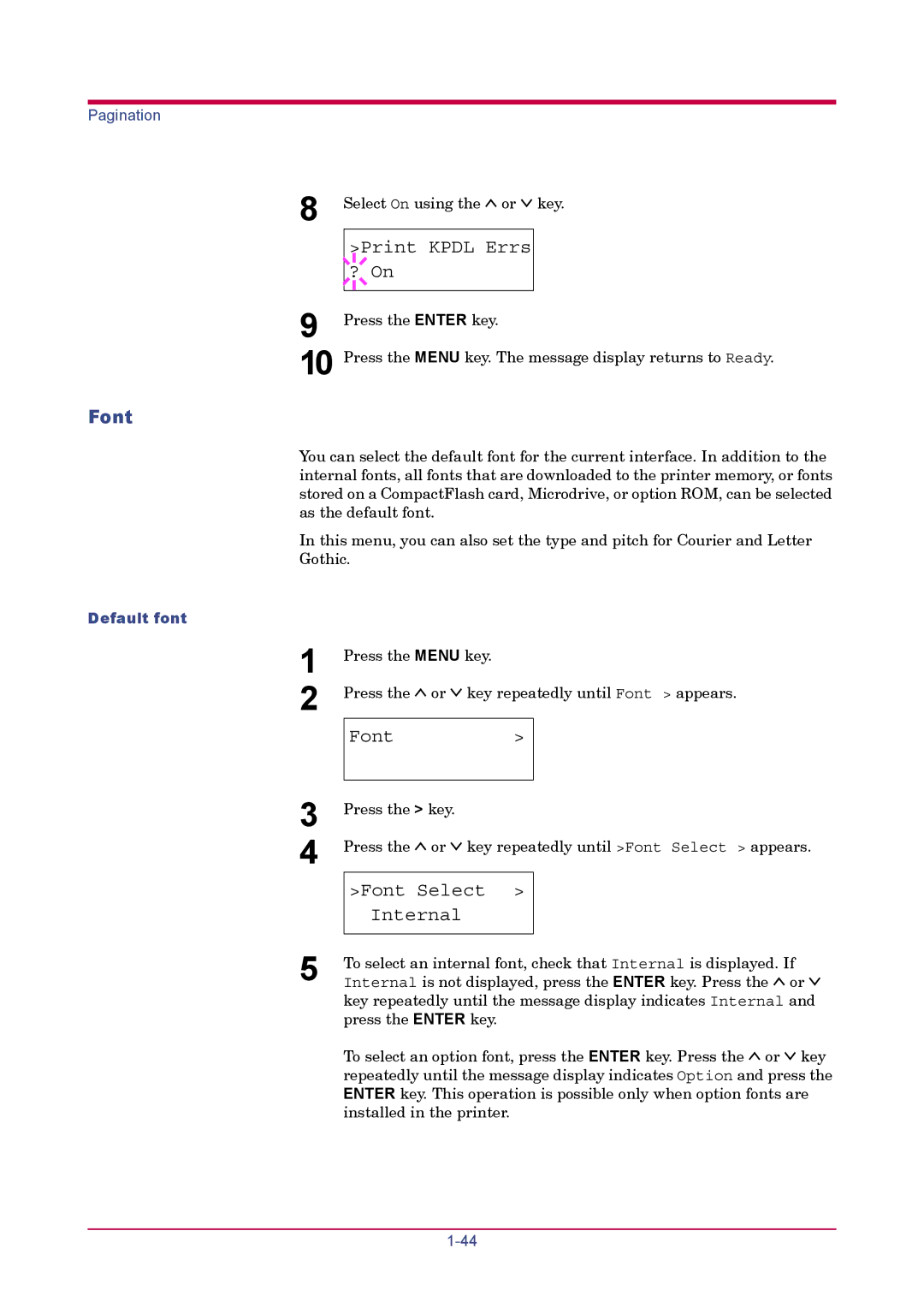 Kyocera FS-1900 manual Print Kpdl Errs ? On, Font, Default font 