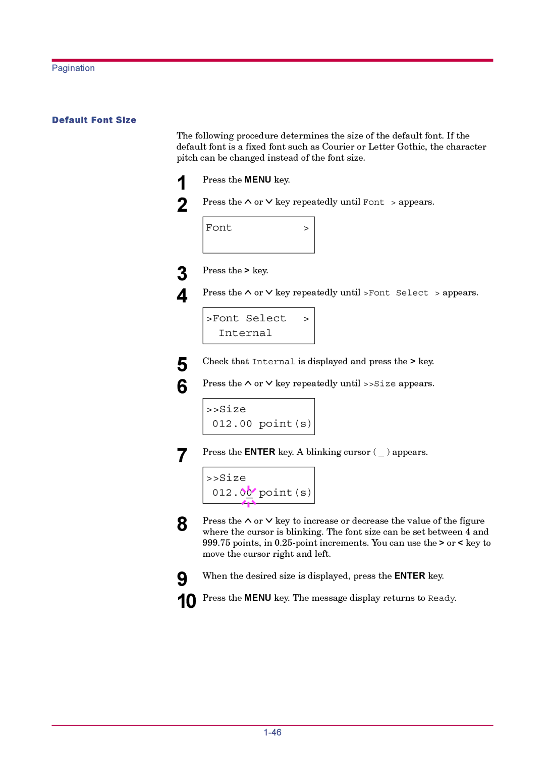 Kyocera FS-1900 manual Size Points, Default Font Size 