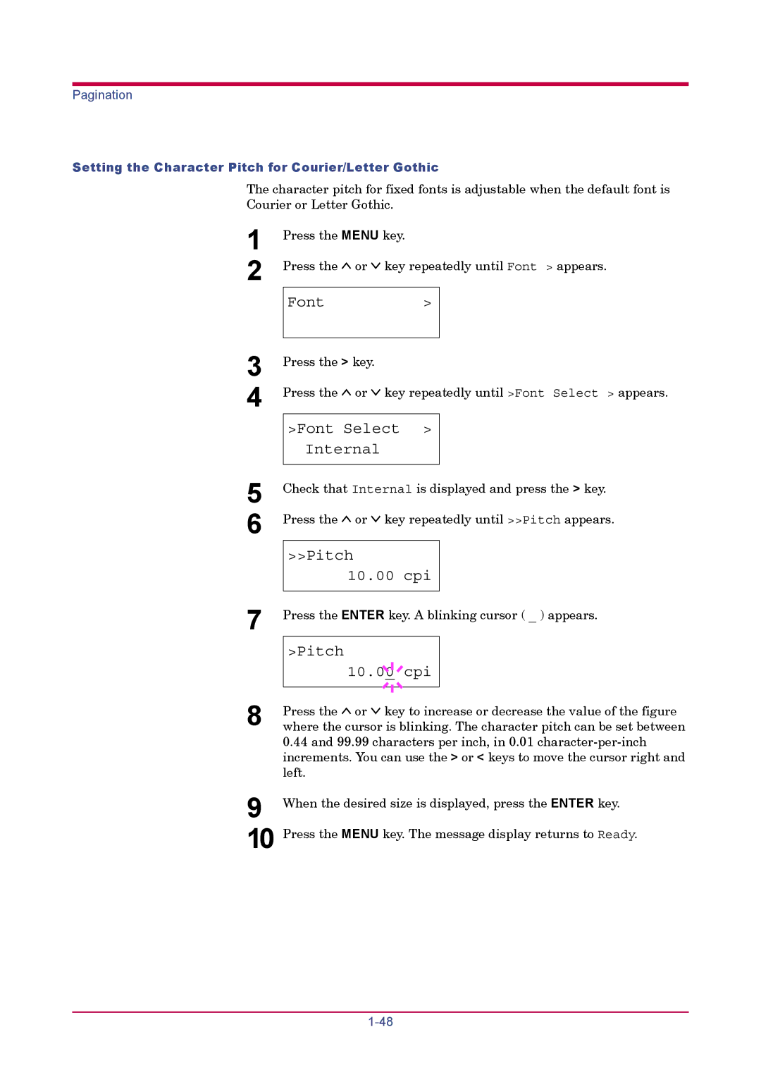 Kyocera FS-1900 manual Pitch 10.00 cpi, Setting the Character Pitch for Courier/Letter Gothic 