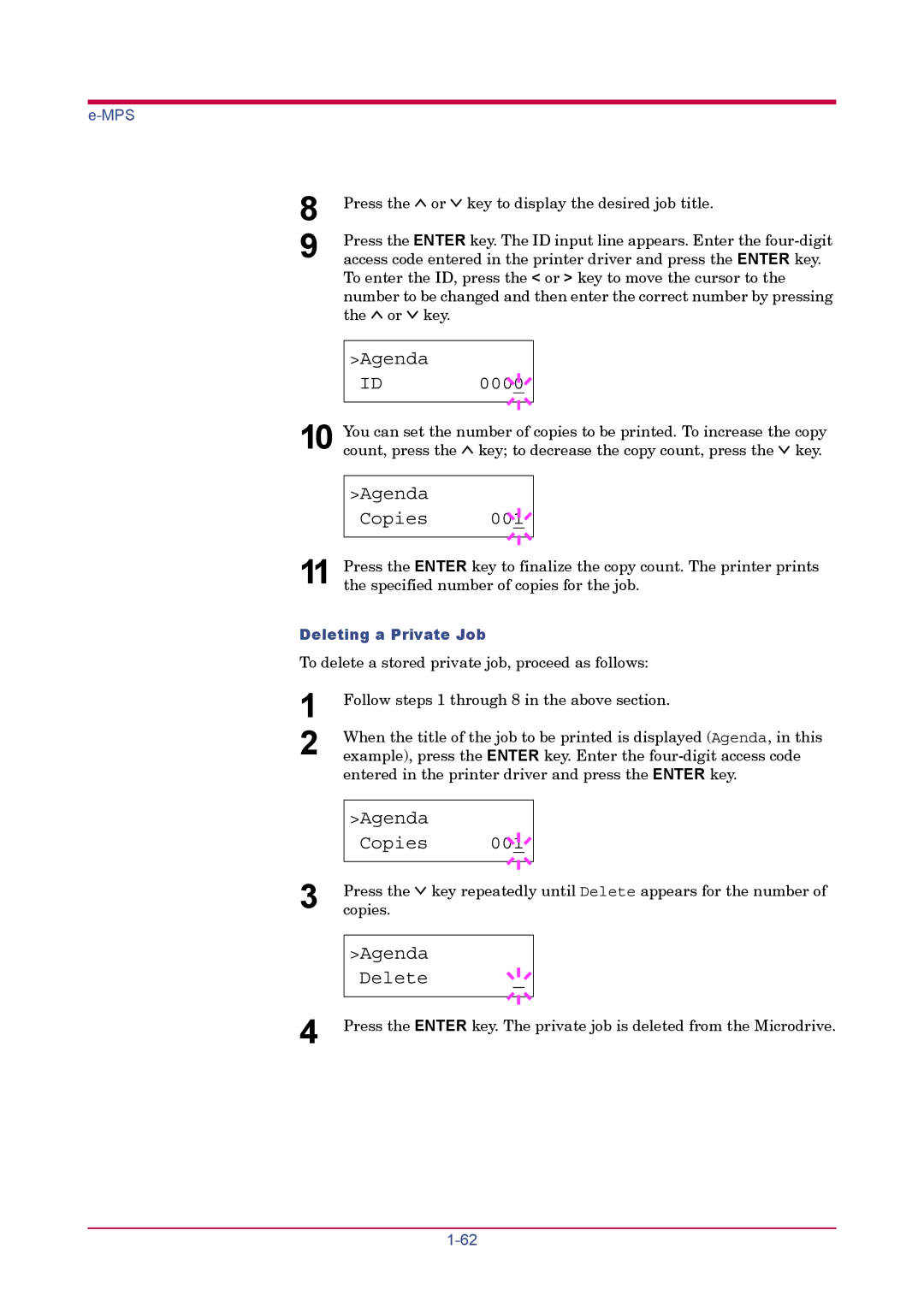 Kyocera FS-1900 manual Agenda Copies, Agenda Delete, Deleting a Private Job 