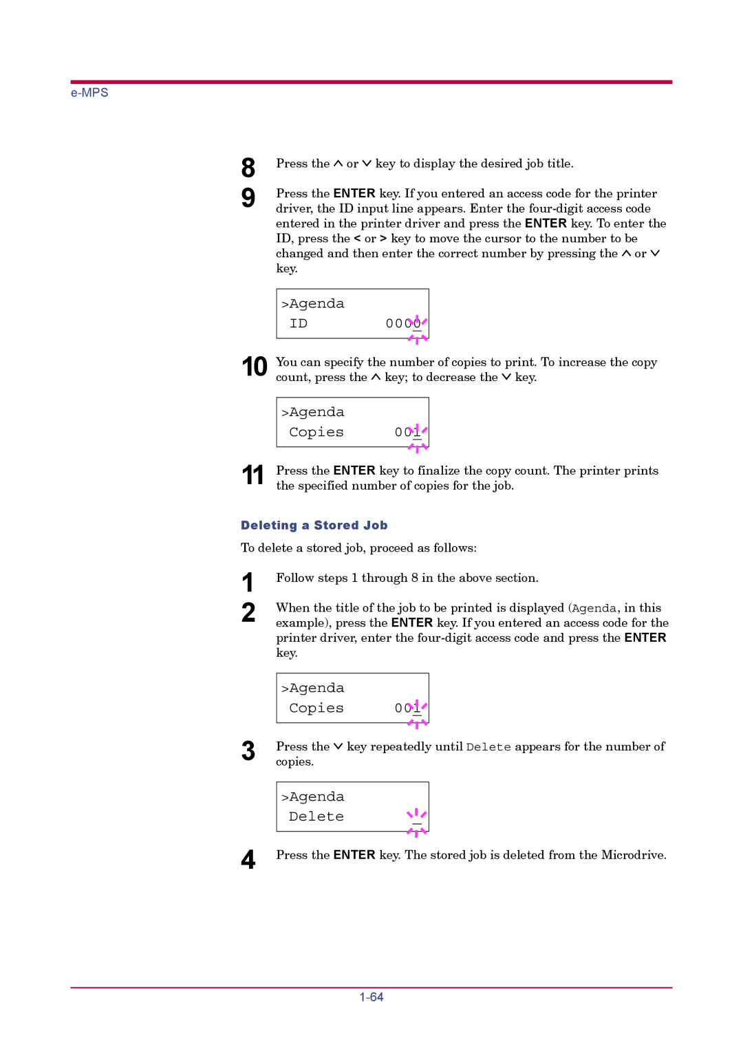 Kyocera FS-1900 manual Agenda Copies 001, Deleting a Stored Job 