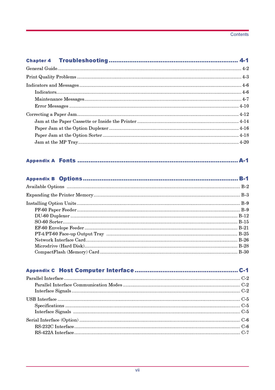 Kyocera FS-1900 manual Troubleshooting, Fonts Options, Appendix C Host Computer Interface, Appendix a Appendix B 