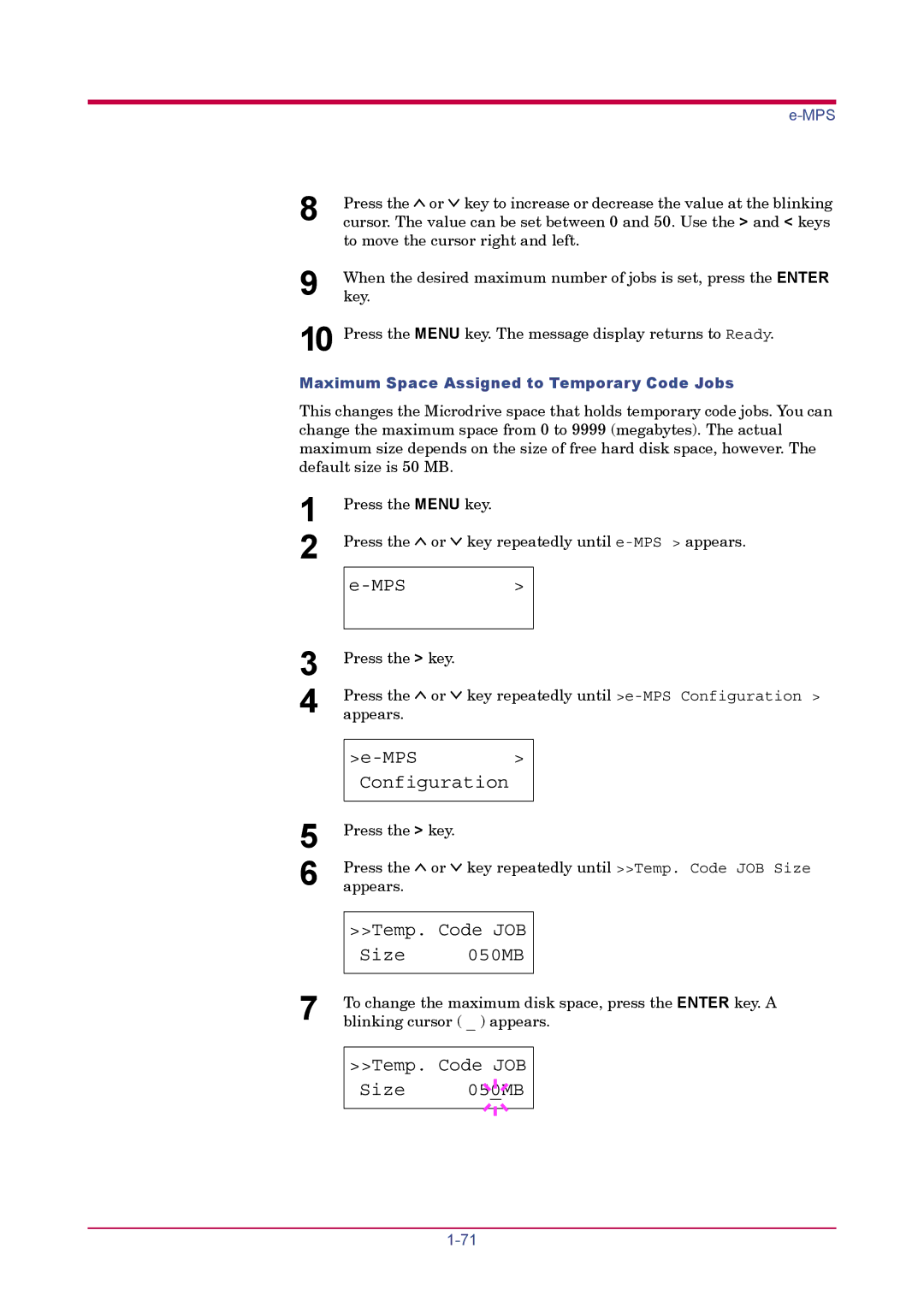 Kyocera FS-1900 manual Temp. Code JOB Size 050MB, Maximum Space Assigned to Temporary Code Jobs 