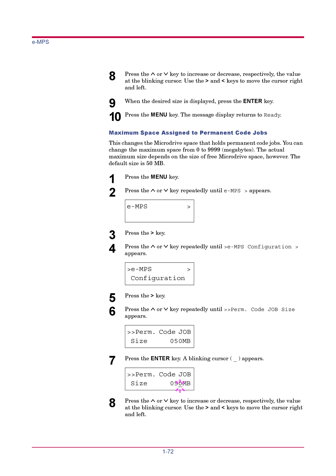 Kyocera FS-1900 manual Perm. Code JOB Size 050MB, Size 05 0MB, Maximum Space Assigned to Permanent Code Jobs 