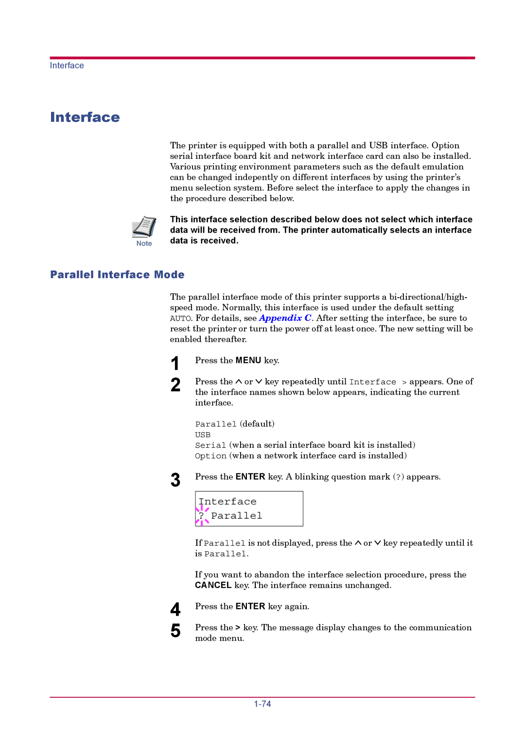 Kyocera FS-1900 manual Parallel Interface Mode 