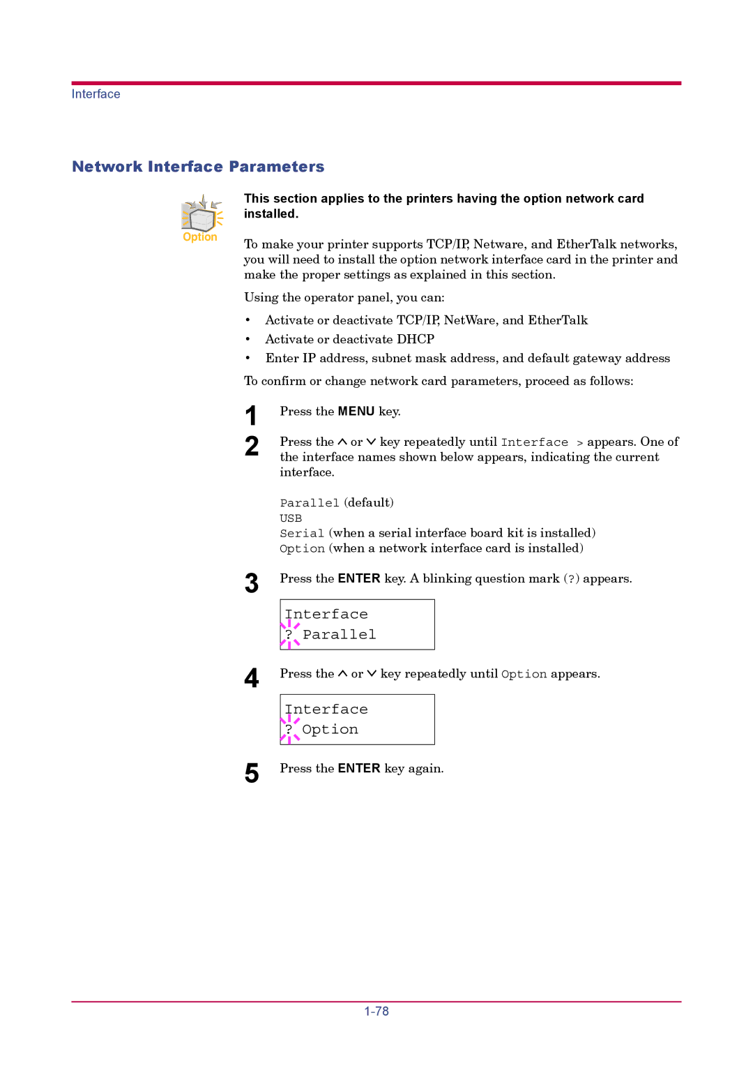 Kyocera FS-1900 manual Network Interface Parameters, Interface ? Option 