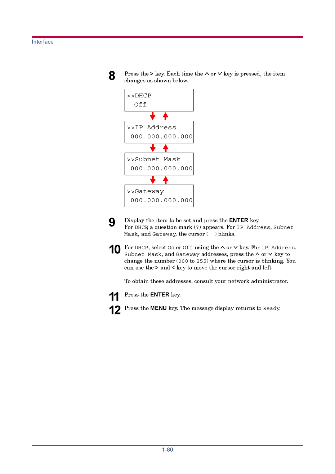 Kyocera FS-1900 manual Dhcp Off IP Address 000.000.000.000 Subnet Mask Gateway 