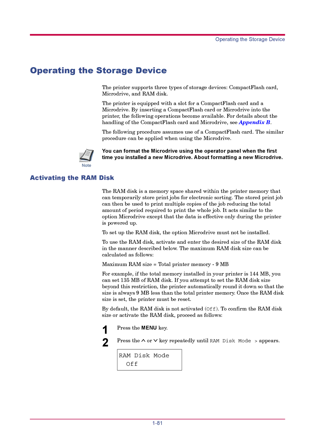 Kyocera FS-1900 manual Operating the Storage Device, Activating the RAM Disk, RAM Disk Mode Off 