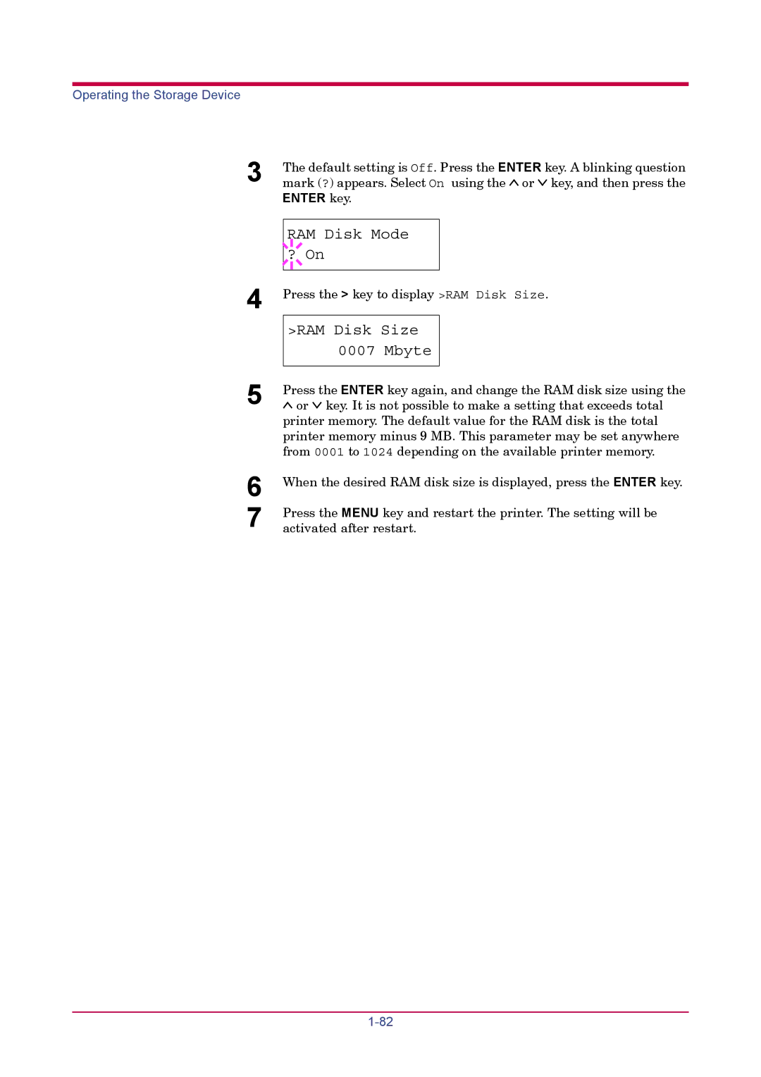 Kyocera FS-1900 manual RAM Disk Mode ? On, RAM Disk Size Mbyte, Enter key 