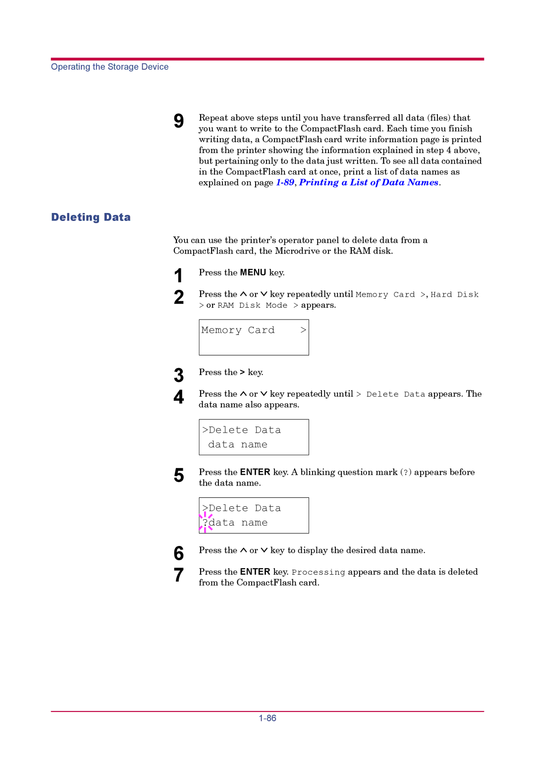 Kyocera FS-1920 manual Deleting Data, Delete Data data name, Delete Data ?data name 