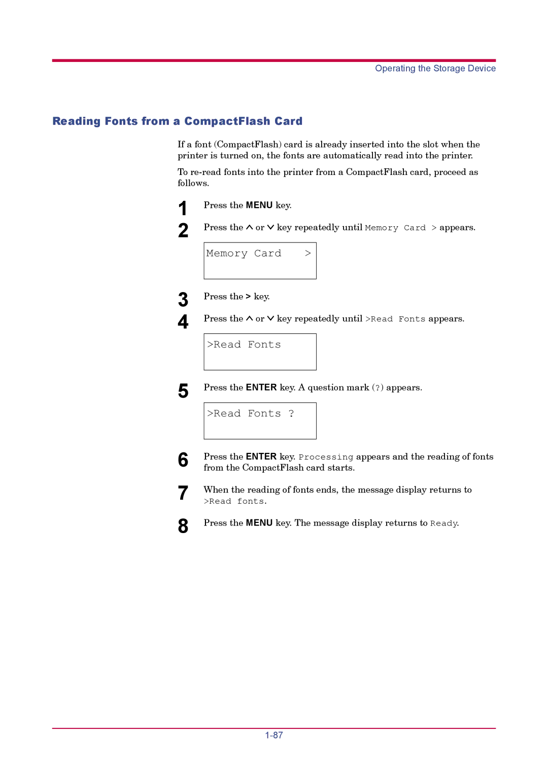 Kyocera FS-1920 manual Reading Fonts from a CompactFlash Card, Read Fonts ? 