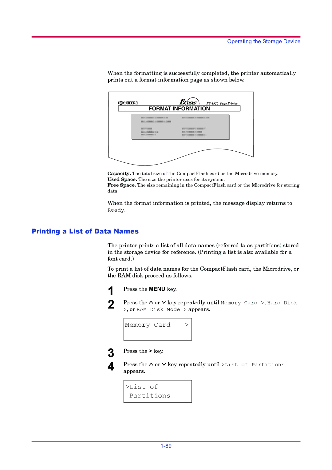 Kyocera FS-1920 manual Printing a List of Data Names, List of Partitions 