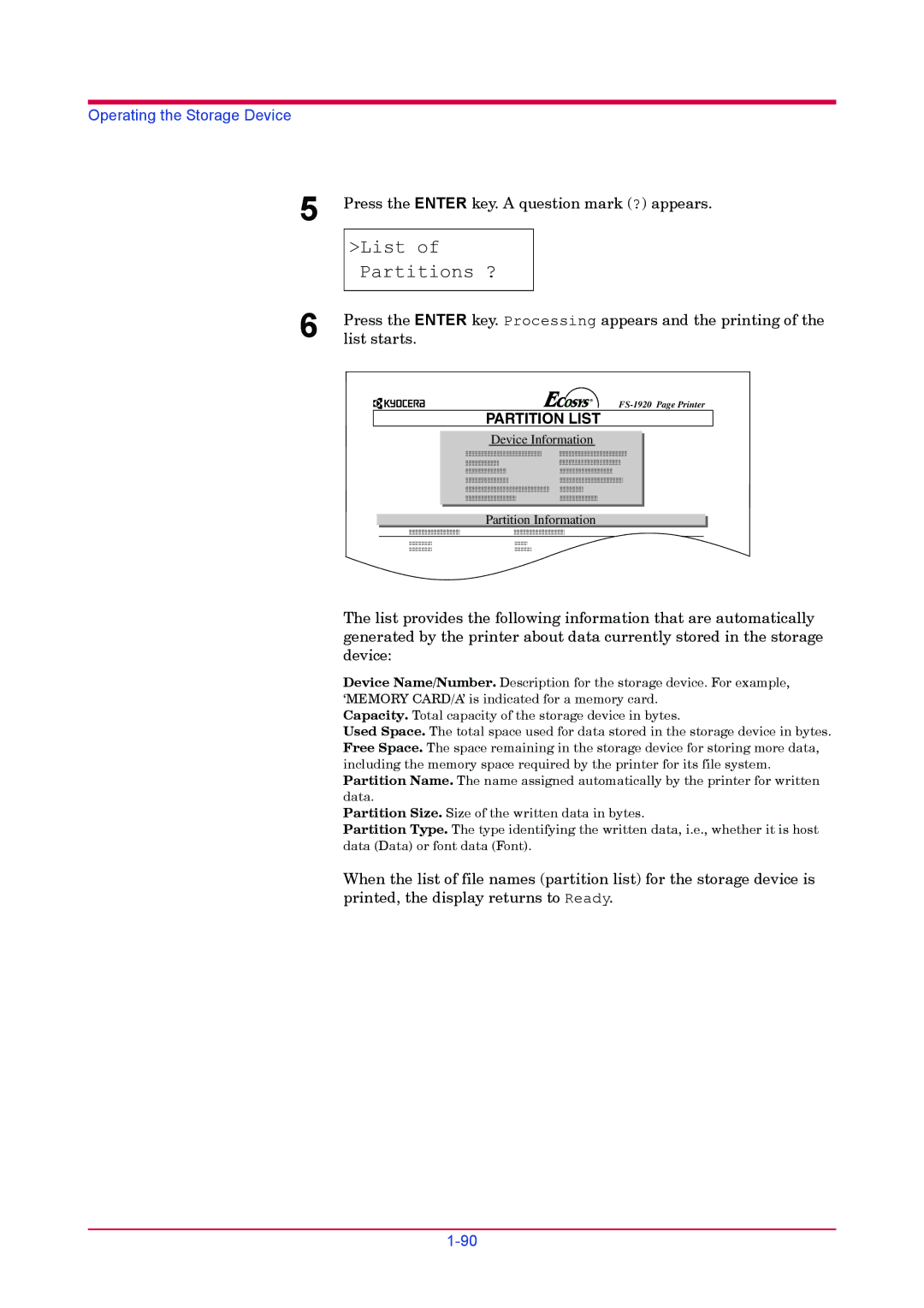 Kyocera FS-1920 manual List Partitions ?, Partition List 