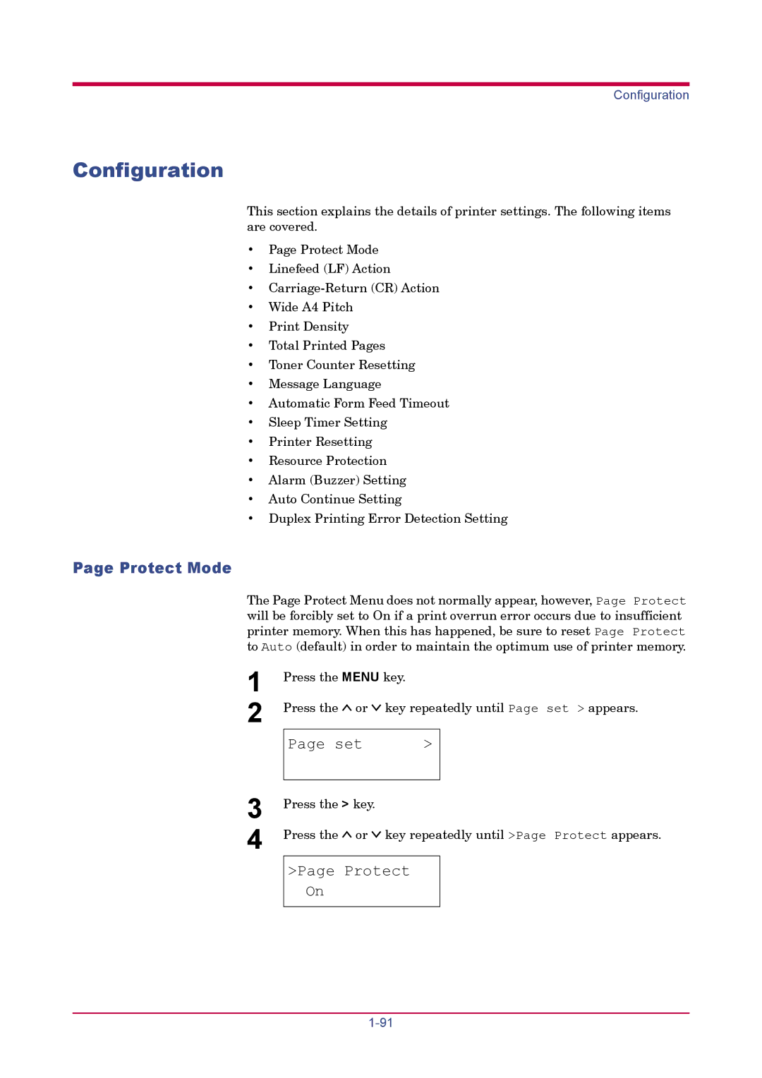 Kyocera FS-1920 manual Configuration, Protect Mode 