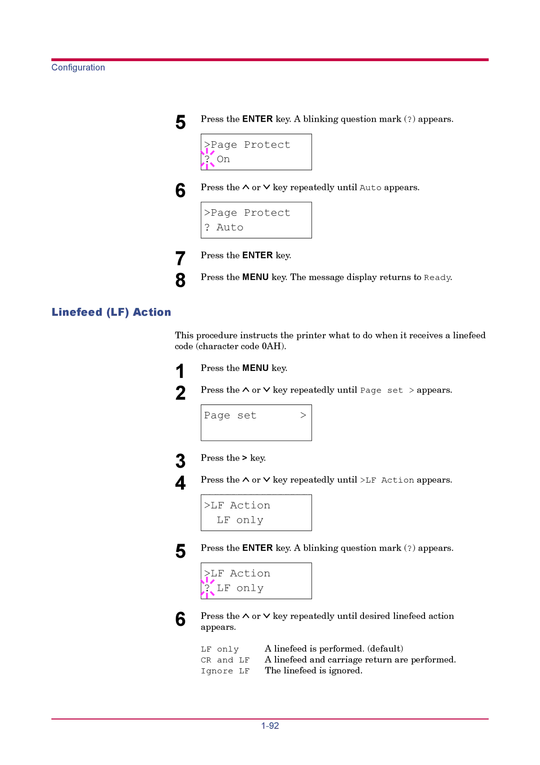 Kyocera FS-1920 manual Protect ? On, Protect ? Auto, Linefeed LF Action, LF Action LF only, LF Action ? LF only 