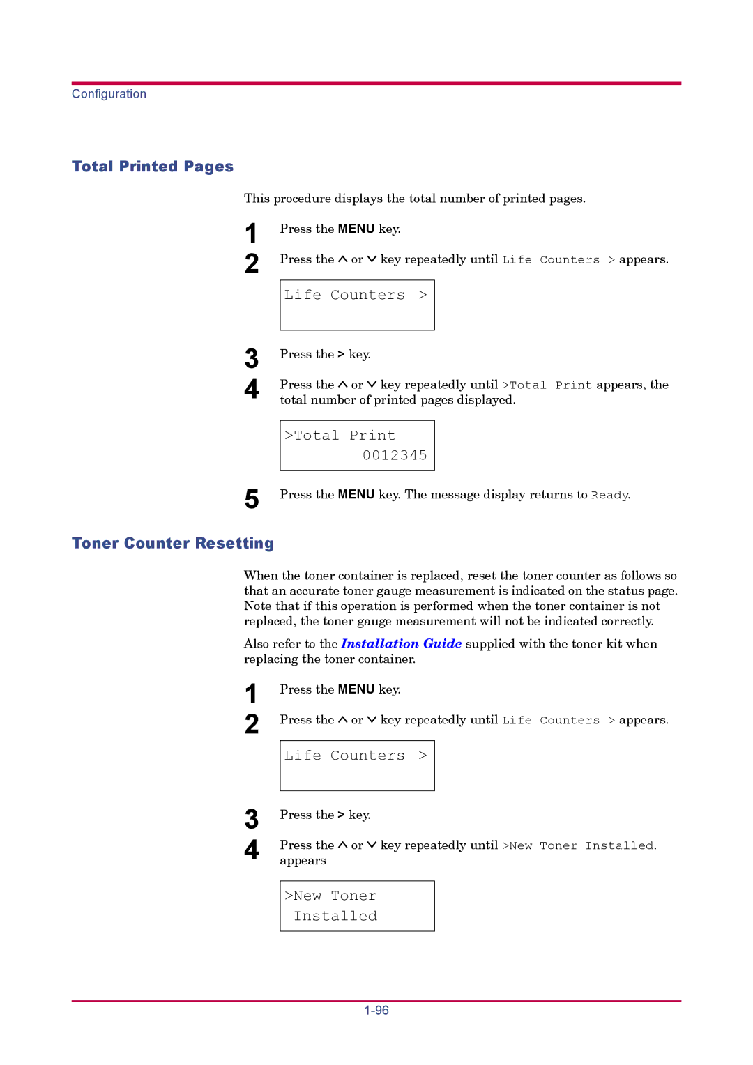 Kyocera FS-1920 manual Total Printed Pages, Toner Counter Resetting, Life Counters, New Toner Installed 