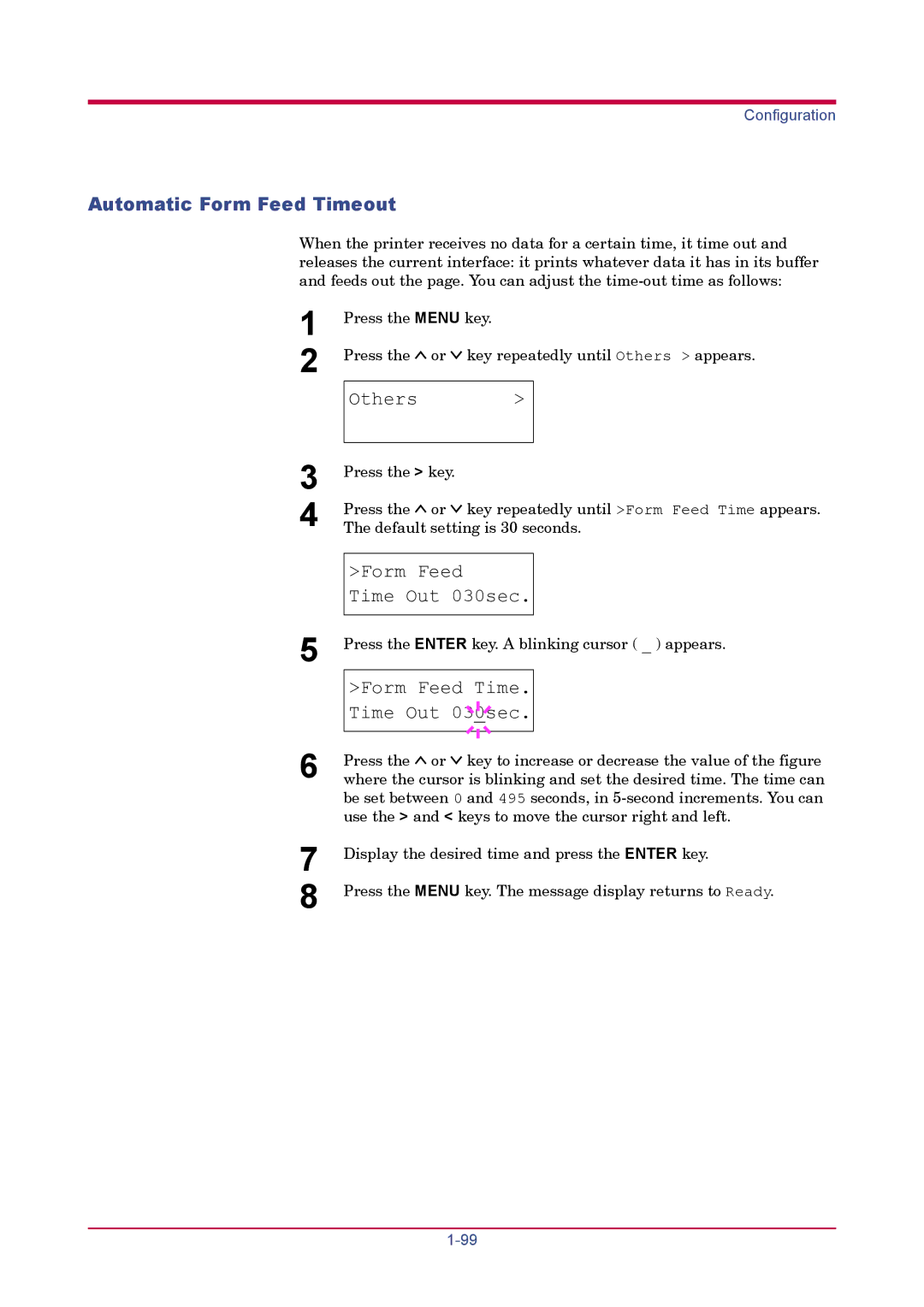 Kyocera FS-1920 manual Automatic Form Feed Timeout, Form Feed Time Out 030sec 