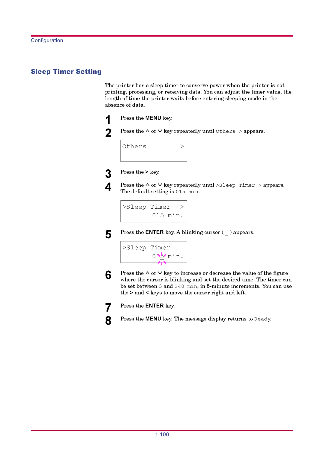 Kyocera FS-1920 manual Sleep Timer Setting, Sleep Timer 015 min 