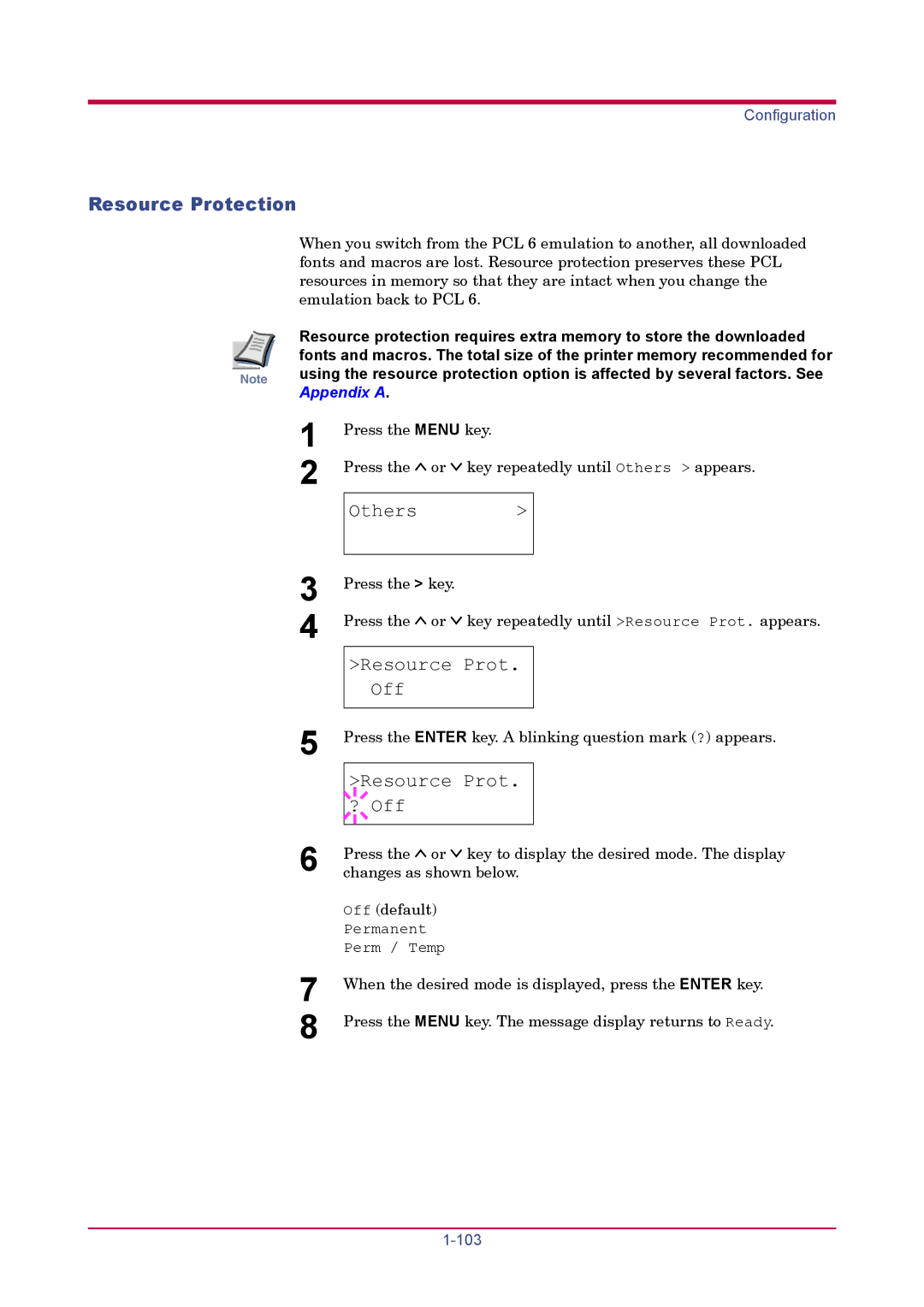 Kyocera FS-1920 manual Resource Protection, Resource Prot Off, Resource Prot ? Off 