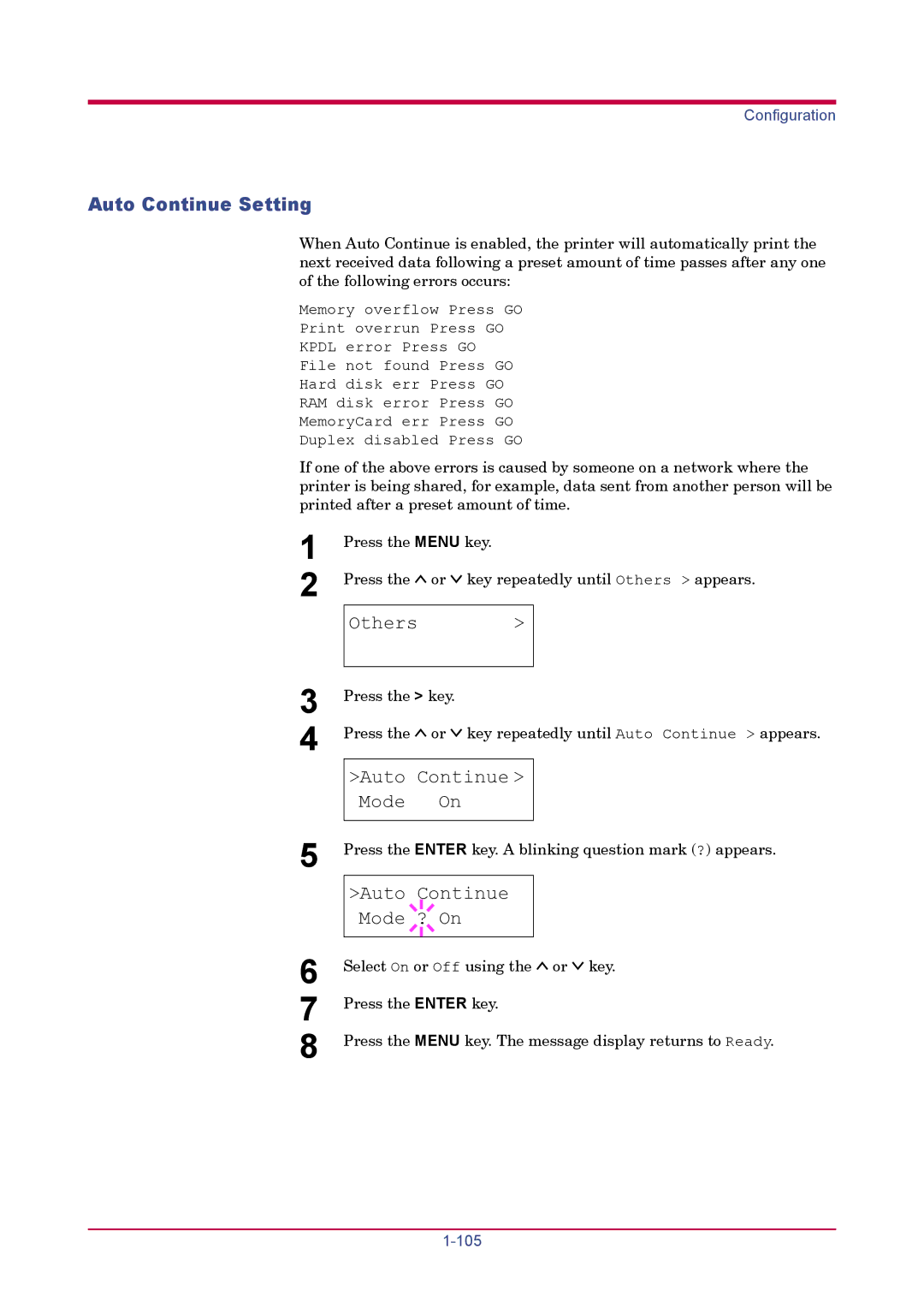 Kyocera FS-1920 manual Auto Continue Setting, Auto Continue Mode On, Auto Continue Mode ? On 