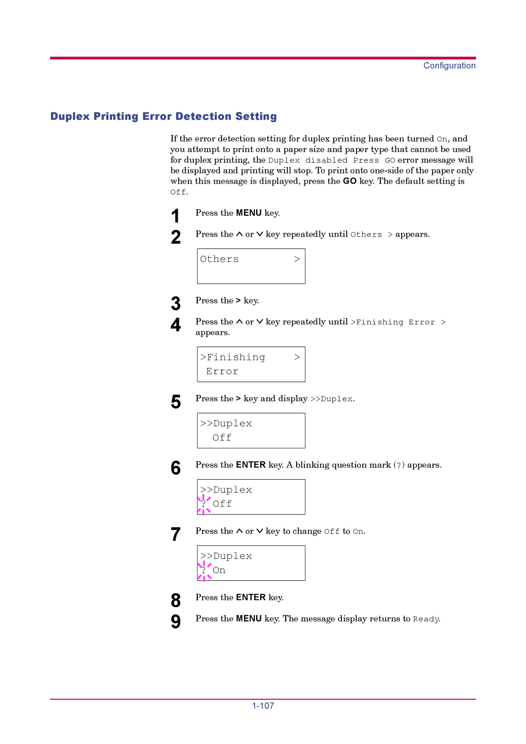 Kyocera FS-1920 manual Duplex Printing Error Detection Setting, Finishing Error, Duplex Off, Duplex ? Off 