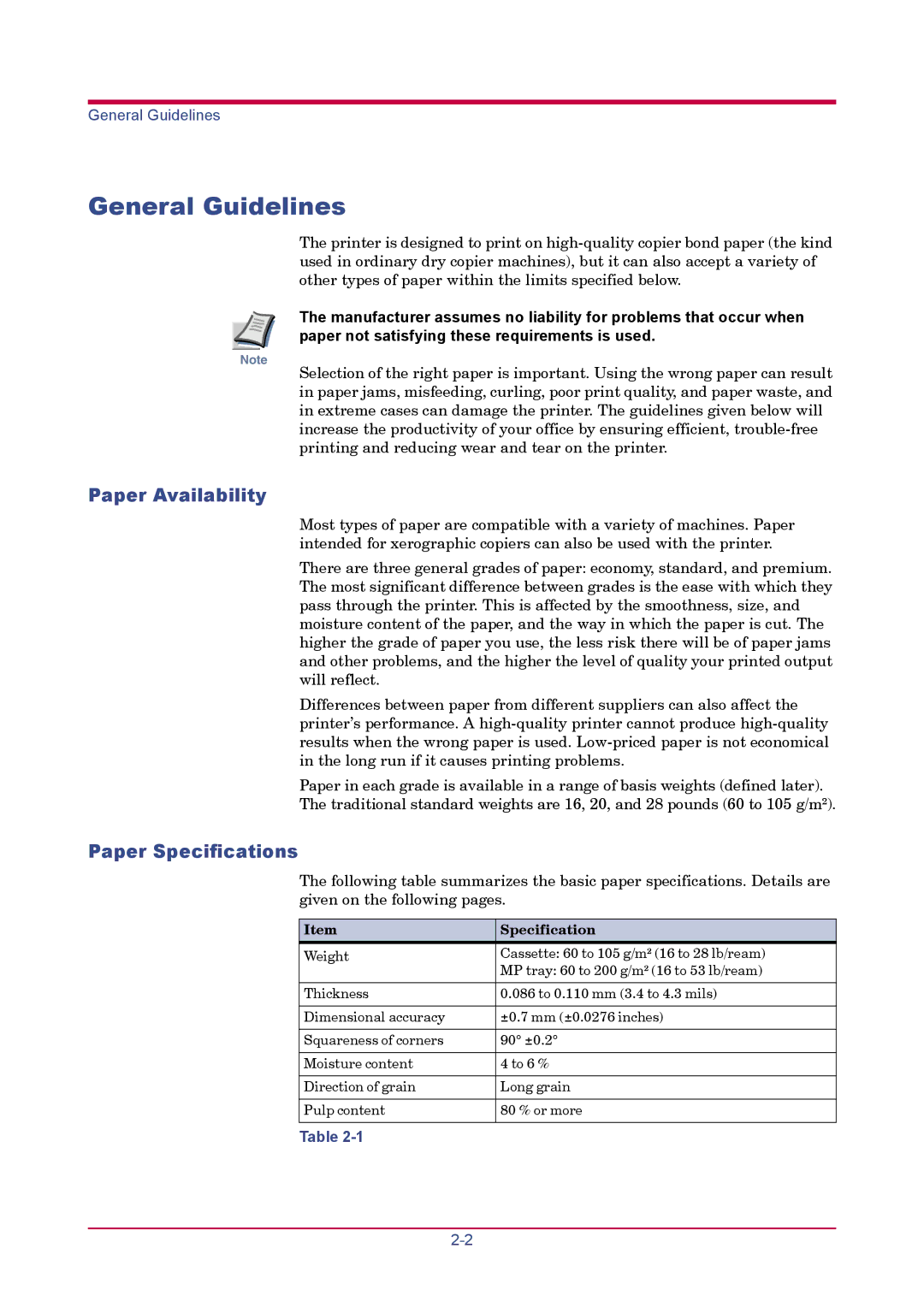 Kyocera FS-1920 manual General Guidelines, Paper Availability, Paper Specifications 