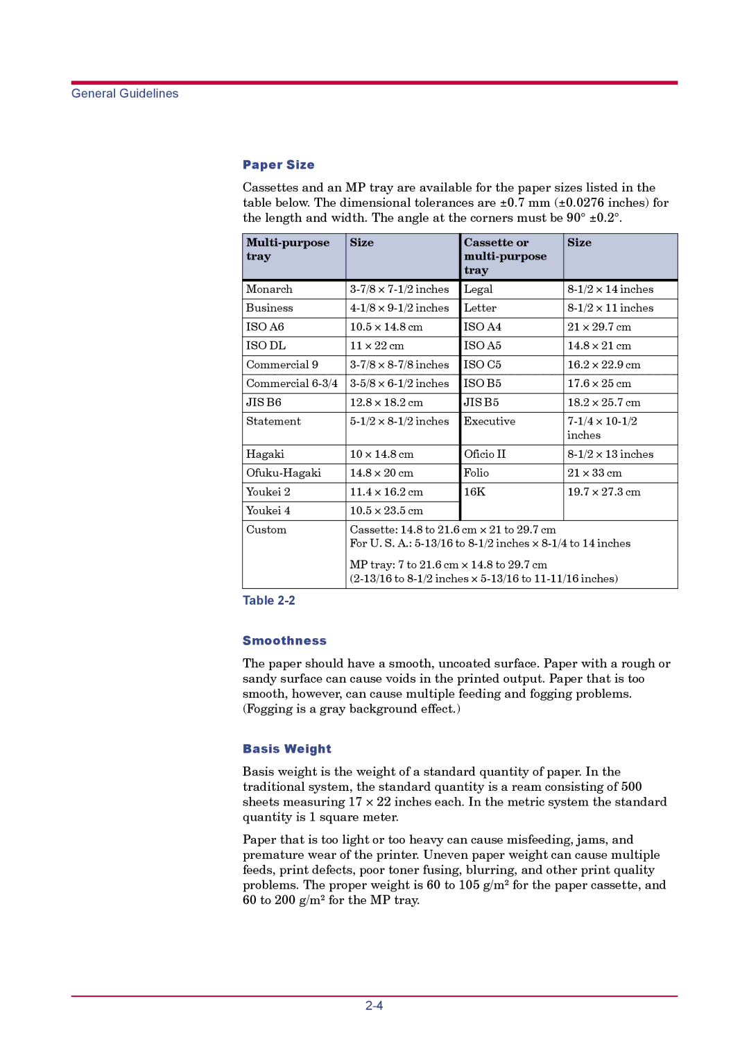 Kyocera FS-1920 manual Paper Size, Smoothness, Basis Weight, Multi-purpose Size Cassette or Tray 