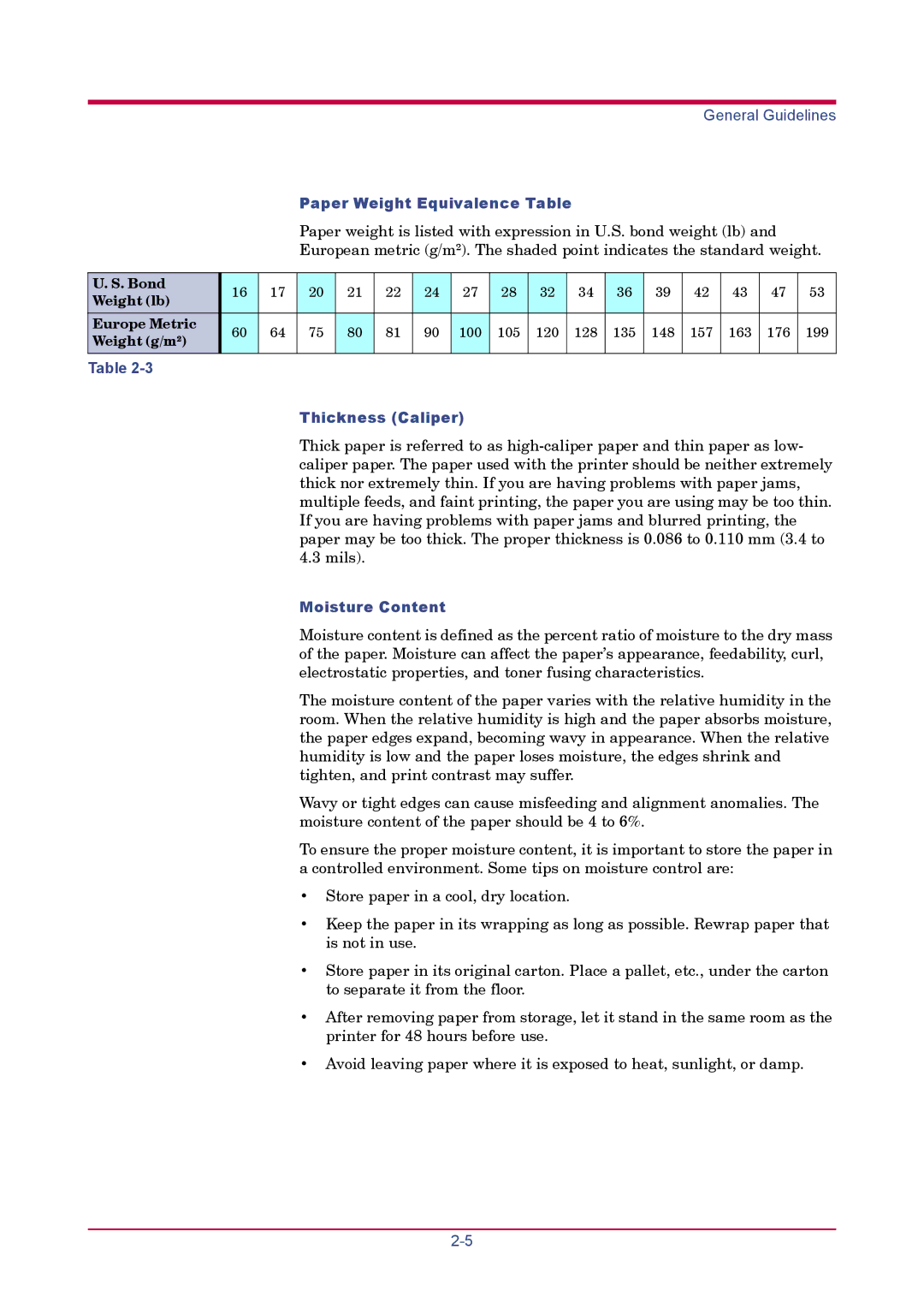 Kyocera FS-1920 manual Paper Weight Equivalence Table, Thickness Caliper, Moisture Content, Bond Weight lb Europe Metric 