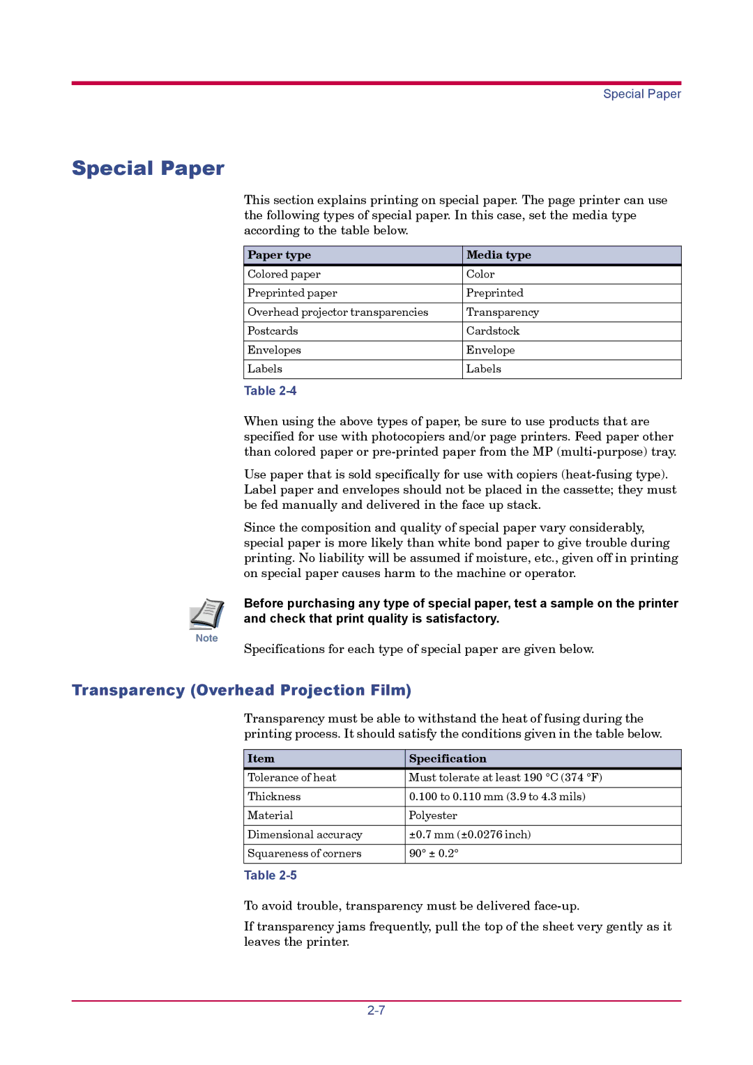 Kyocera FS-1920 manual Special Paper, Transparency Overhead Projection Film, Paper type Media type 